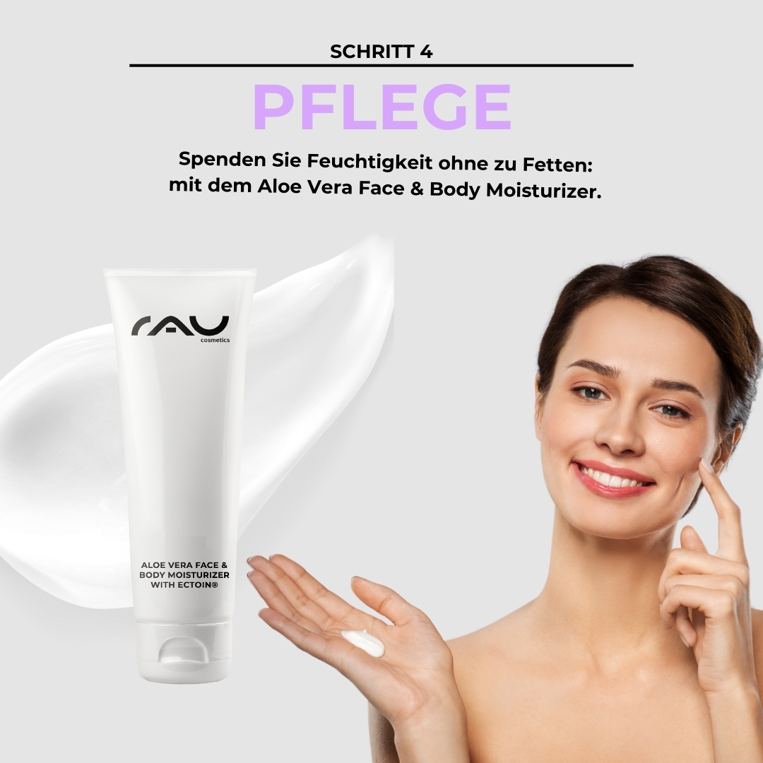 Advanced care routine for combination skin Aloe Vera Face & Body Moisturizer von RAU Cosmetics in einer Tube, mit einer Frau, die die Creme auf ihr Gesicht aufträgt, wobei der Schwerpunkt auf Feuchtigkeit liegt, ohne zu fetten, Schritt 4 der erweiterten Hautpflegeroutine für Mischhaut.
