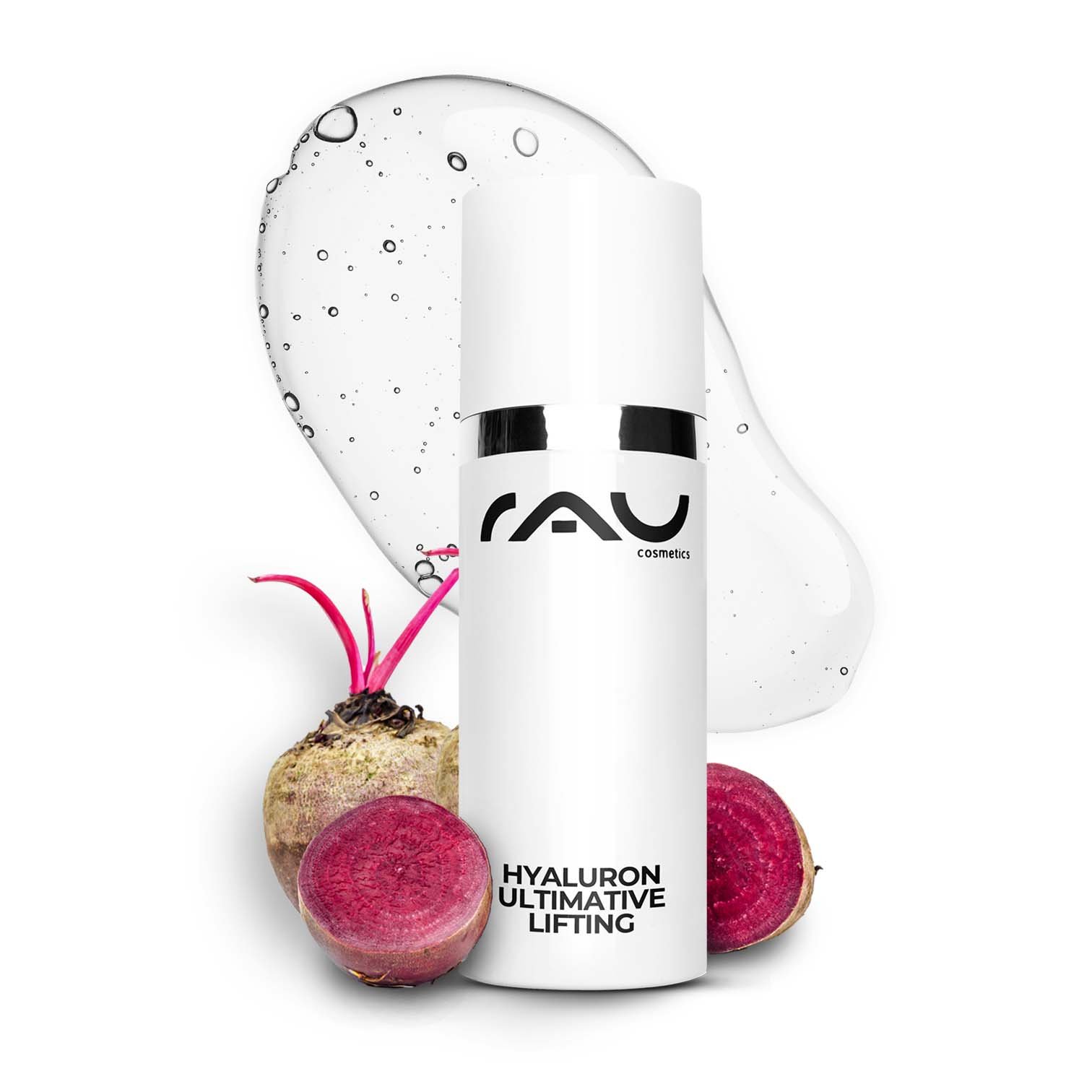 Hyaluron Ultimative Lifting Serum von RAU Cosmetics in weißer Flasche mit silbernem Deckel, umgeben von Rüben und einem feuchtigkeitsspendenden Gel, präsentiert als Anti-Aging Lösung für trockene Haut.