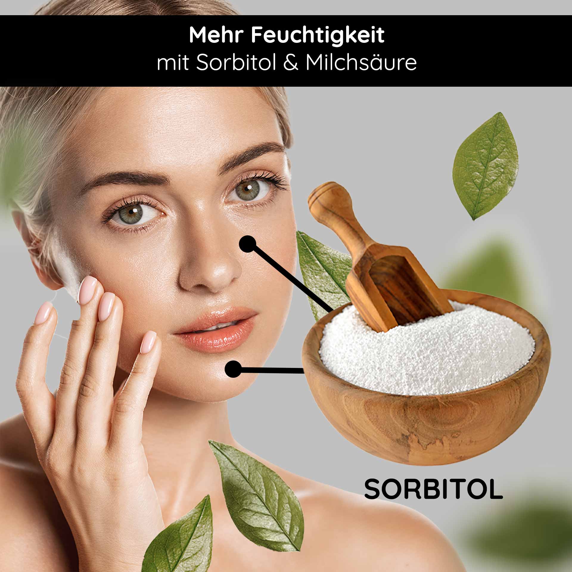 Calming & Repair Mask 50 ml Beruhigende Maske mit Urea Frau mit strahlender Haut und Sorbitol, umgeben von Blättern, betont die feuchtigkeitsspendenden Eigenschaften der RAU Cosmetics Calming & Repair Maske.