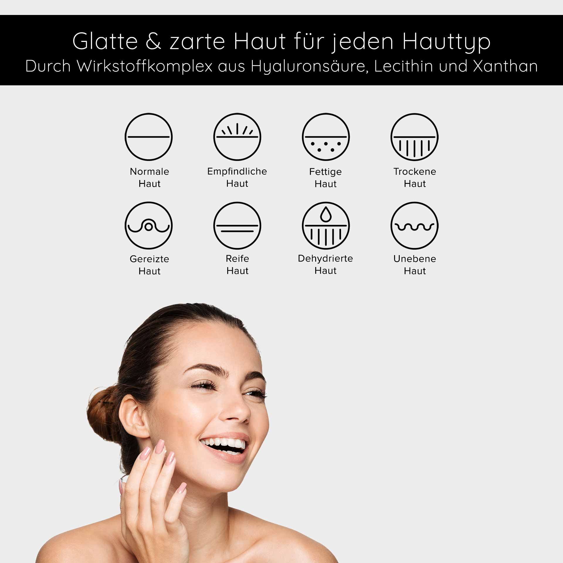 Q10 Booster Serum 100 ml - with Hyaluron, Q10 & Lecithin Frau mit strahlendem Lächeln und gepflegter Haut, die ein Hautpflegeprodukt anwendet, um verschiedene Hauttypen wie trockene und reife Haut zu behandeln, mit Icons für Hauttypen im Hintergrund.