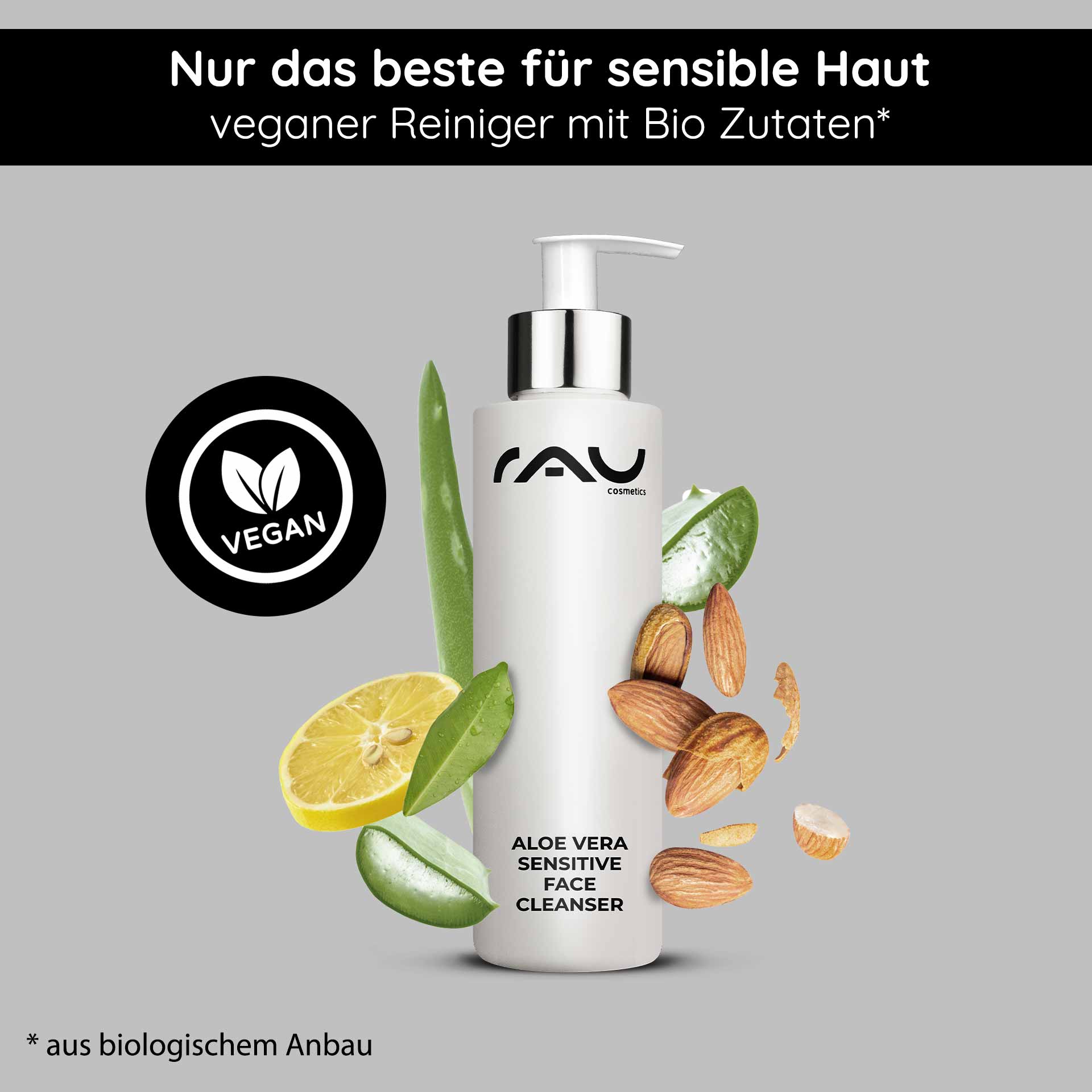 Aloe Vera Sensitive Face Cleanser 200 ml Reiniger  Flasche Aloe Vera Sensitive Face Cleanser mit veganem Etikett, umgeben von Aloe Vera-Blättern, Mandeln und Zitronenscheiben, die die natürlichen Inhaltsstoffe für empfindliche Haut betonen.