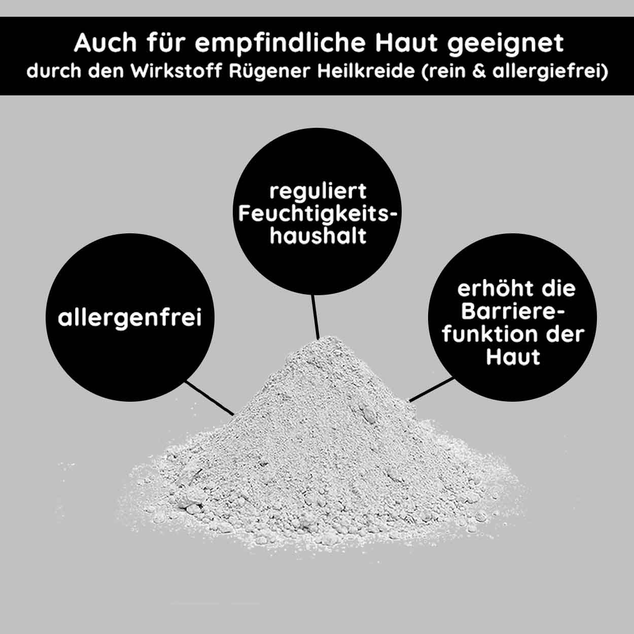 Mineral mask powder with text highlights: "allergenfrei," "reguliert Feuchtigkeits-haushalt," and "erhöht die Barriere-funktion der Haut," promoting RAU Cosmetics' skincare benefits for sensitive and impure skin.