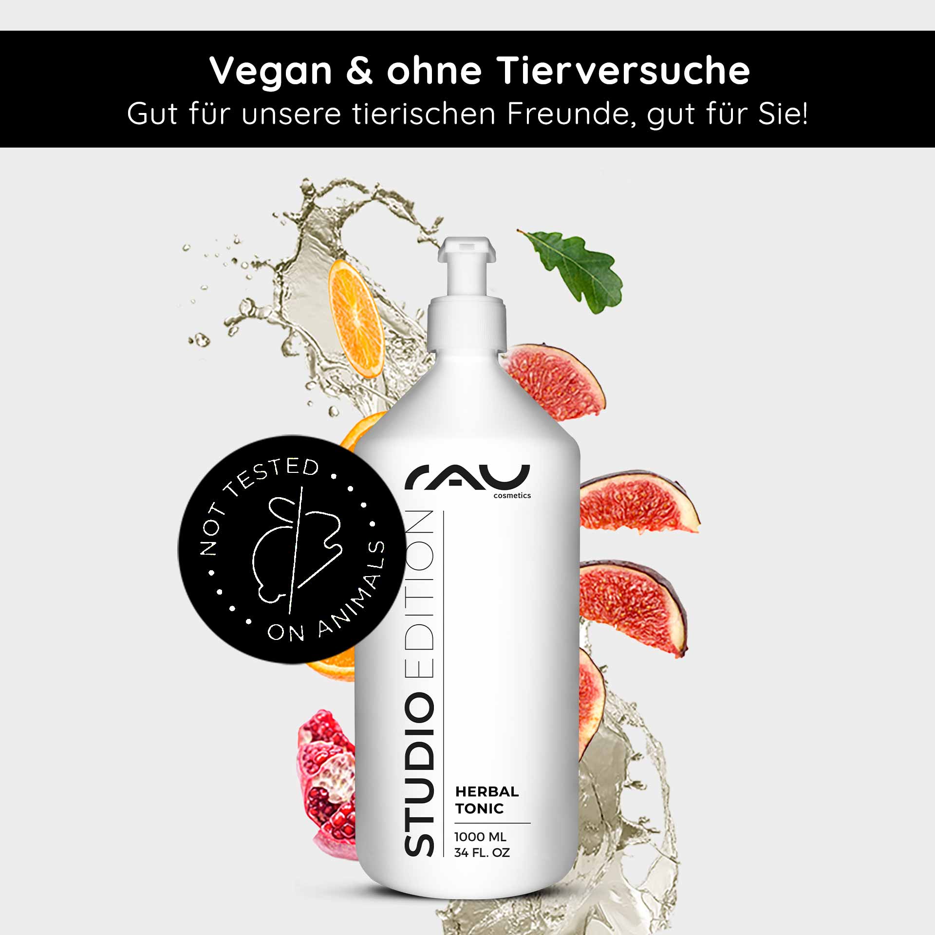 Beyond Herbal Tonic 1000 ml Gesichtswasser Natur RAU Cosmetics Beyond Herbal Tonic 1000 ml Flasche mit frischen Fruchtelementen und Wasserspritzer, als vegan gekennzeichnet und nicht an Tieren getestet, fördert die natürliche Hautpflege für empfindliche Haut.