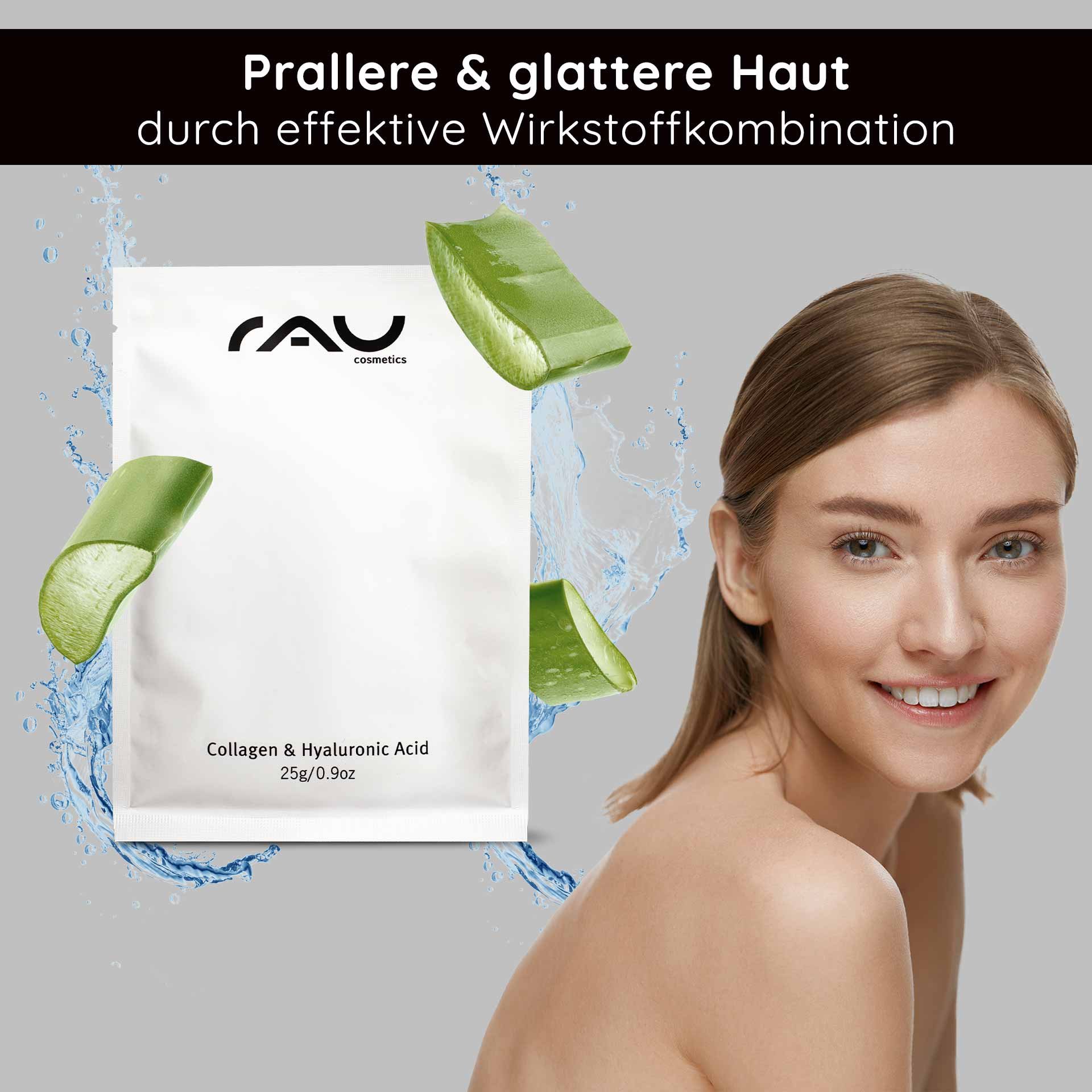 Bildtext: Prallere & glattere Haut durch effektive Wirkstoffkombination. Produktbeutel mit RAU-Cosmetics-Logo zwischen Aloe-Vera-Blattstücken und Wasserspritzern, rechts eine lächelnde Frau.