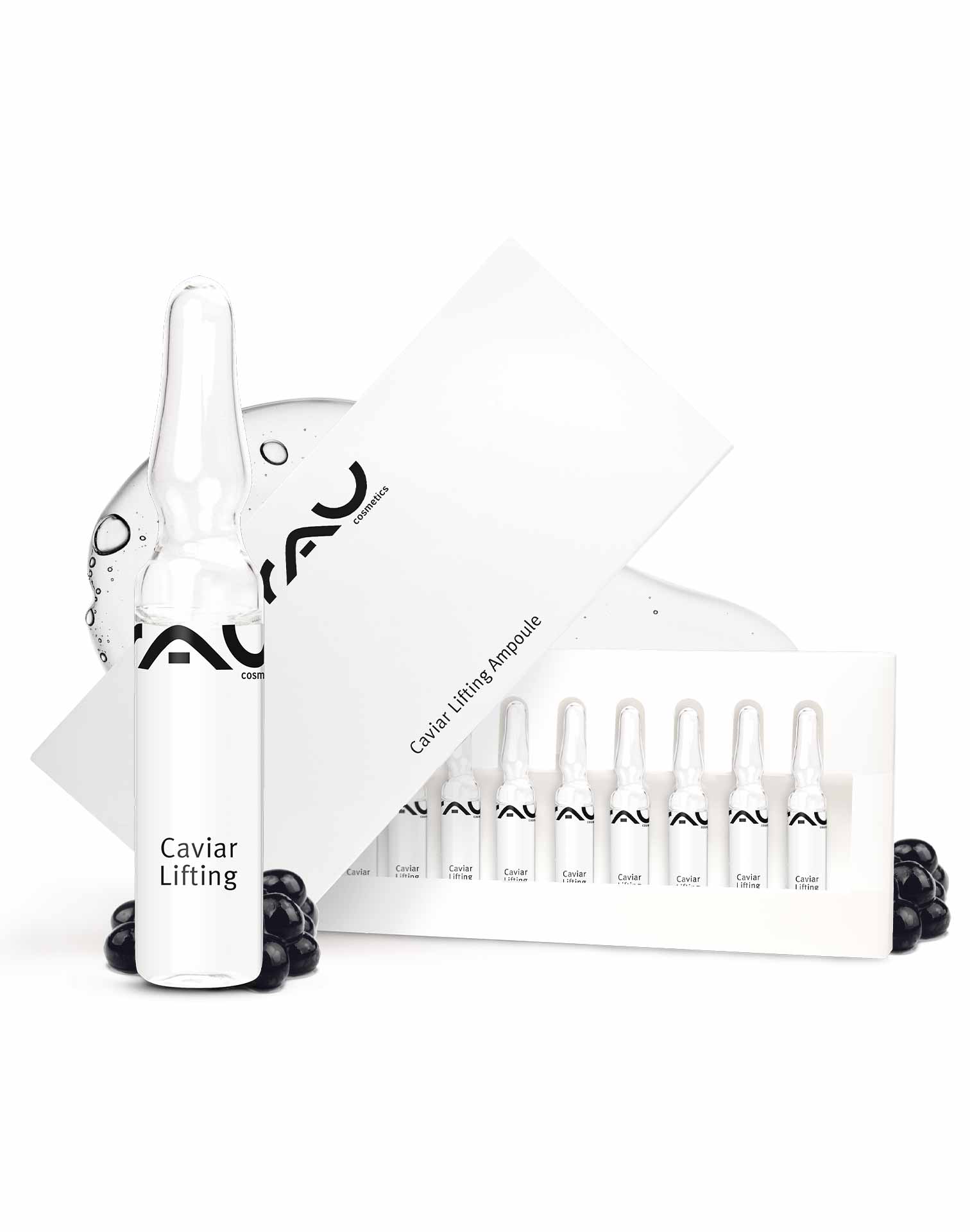 Caviar Lifting Ampoules 10x2 ml Anti-Aging & Reproage Caviar Lifting Ampullen von RAU Cosmetics, 10x2 ml, Anti-Aging Serum mit Kaviarextrakt, verpackt in einer eleganten Box, umgeben von Kaviarperlen, für straffere und revitalisierte Haut.