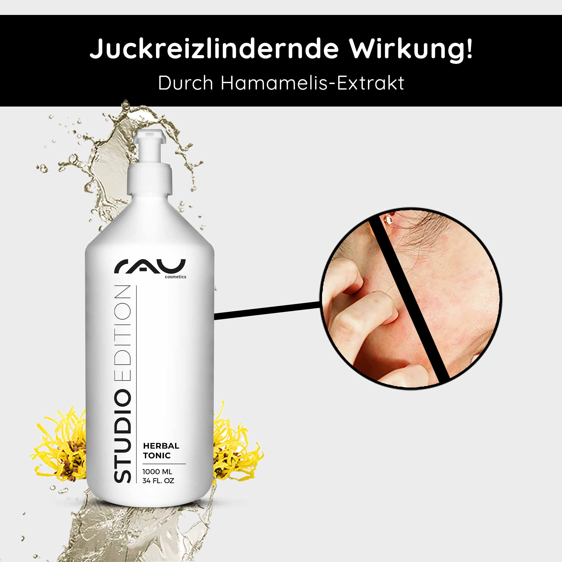 Beyond Herbal Tonic 1000 ml Gesichtswasser Natur Eine Flasche Kräutertonikum von RAU Cosmetics mit Hamamelis-Extrakt, das eine beruhigende Wirkung auf empfindliche Haut hat und mit einem eingefügten Bild einer Hand versehen ist, die sanft gereizte Haut berührt.