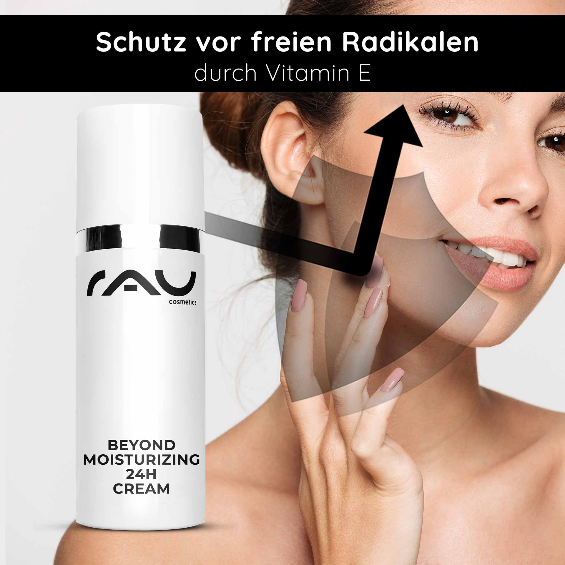 Beyond Moisturizing 24h Cream 50 ml Naturkosmetik Creme RAU Cosmetics Beyond Moisturizing 24h Cream with Vitamin E, woman applying cream to face, skincare focus, protection against free radicals.