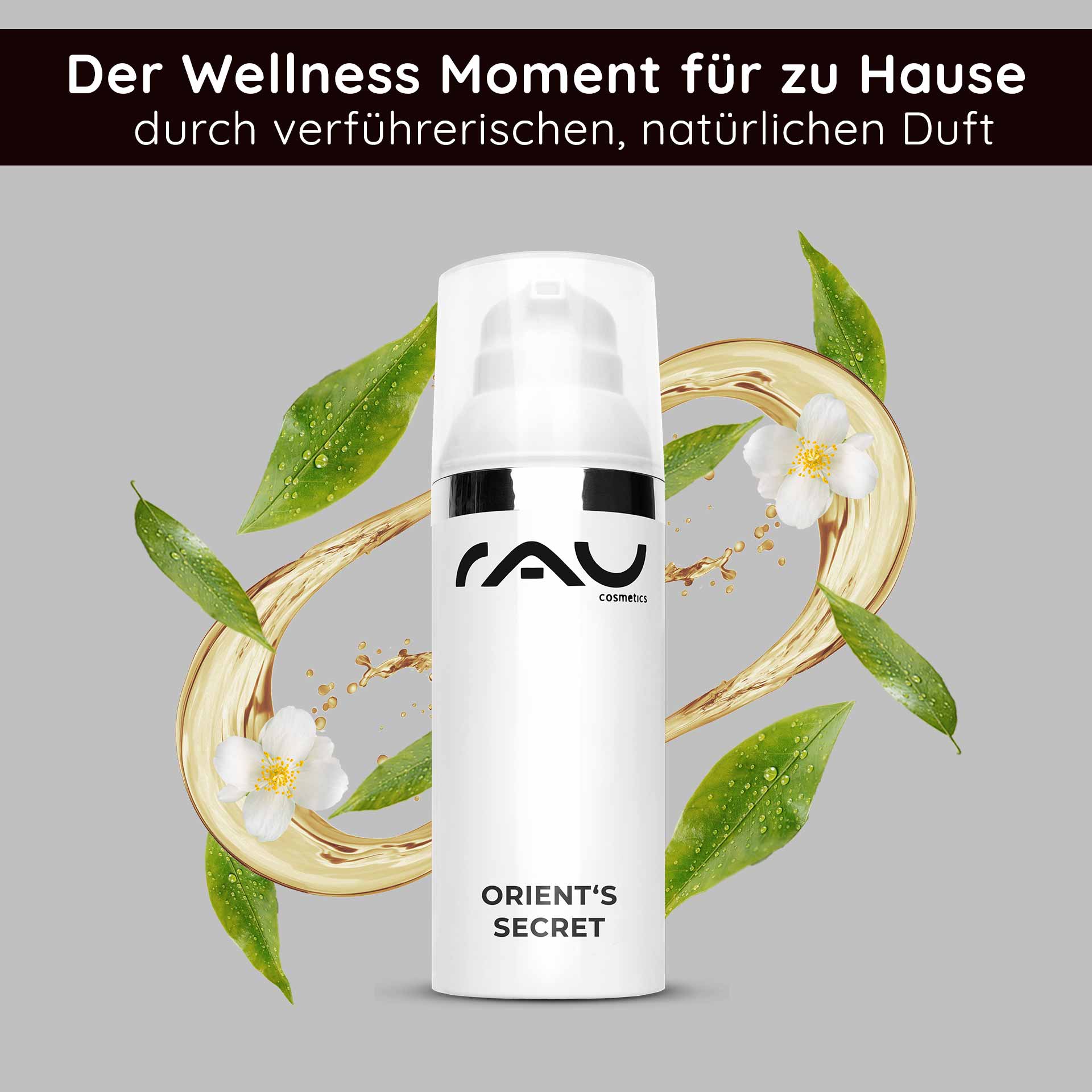 Orient's Secret 50 ml - Geischtscreme mit Amethyst-Pulver & Mandelöl Flasche der Gesichtscreme Orient‘s Secret von RAU Cosmetics mit Blumen- und Blattelementen, die die natürlichen Inhaltsstoffe und die feuchtigkeitsspendende Wirkung hervorhebt.