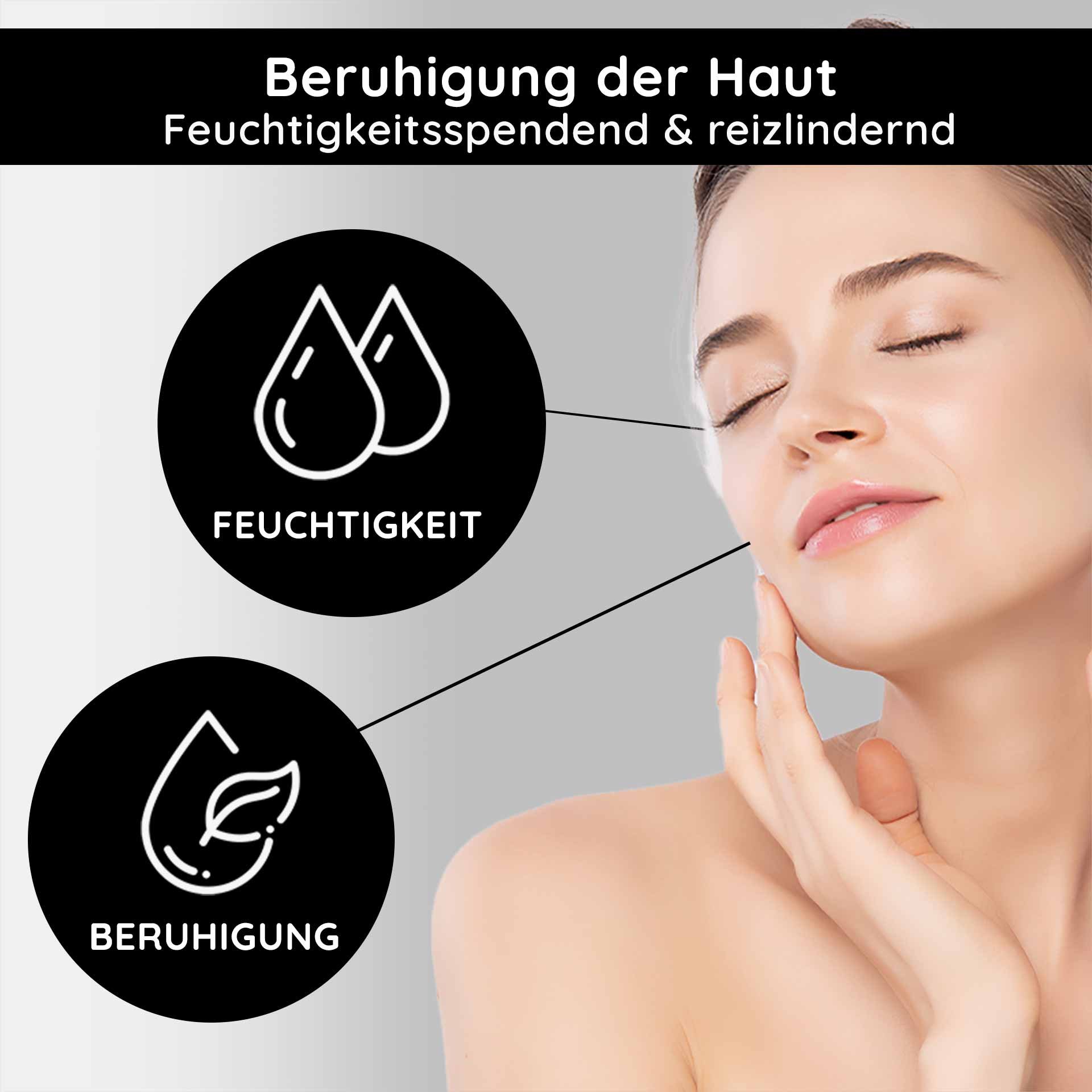 Soothing the skin with moisturizing and anti-irritant properties, representation of a woman gently touching her face, surrounded by symbols for moisture and soothing.