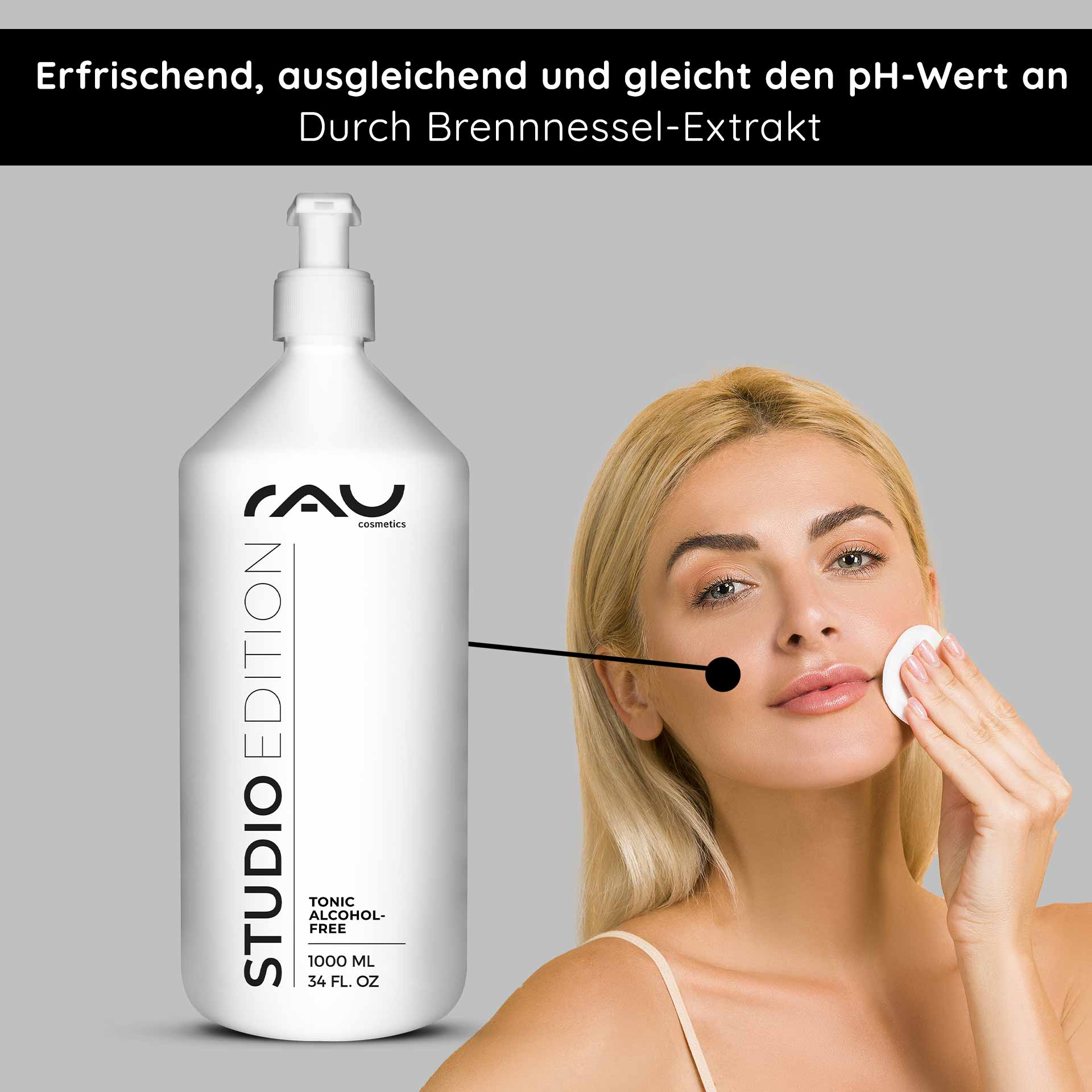 Tonic alcohol-free 1000 ml mit Brennnessel Extrakt Alkoholfreies Gesichtstonic von RAU Cosmetics in 1000 ml Flasche, Anwendung auf empfindlicher Haut mit Brennnesselextrakt zur Porenverfeinerung und pH-Wert-Ausgleich.
