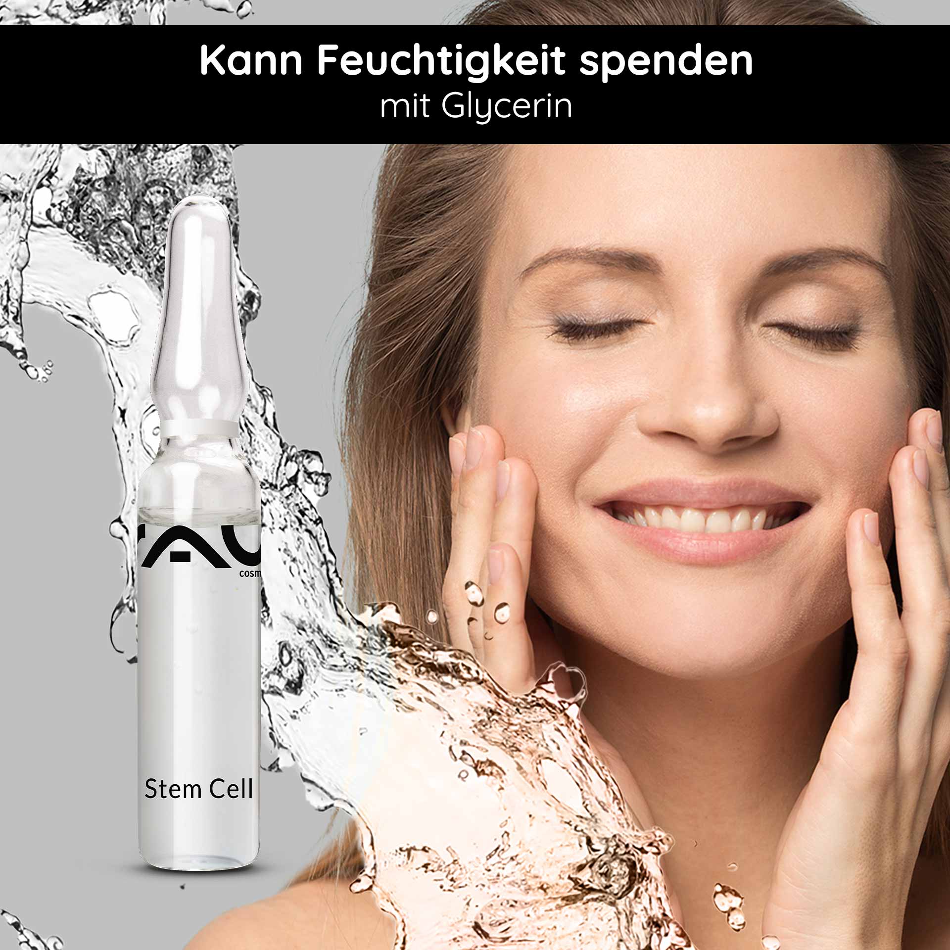 Stem Cell Ampullen 10x2 ml Anti Aging für reife Haut RAU Cosmetics Stammzellenampulle mit Glycerin, Frau trägt Serum auf ihr Gesicht auf und betont dabei die Feuchtigkeitsversorgung und die Anti-Aging-Wirkung.