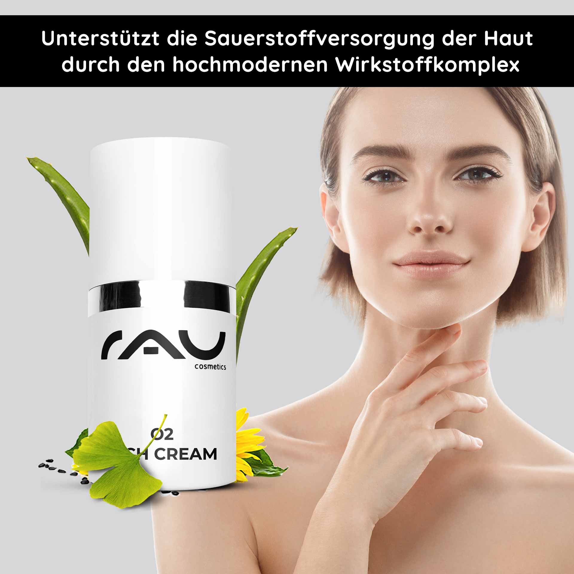 RAU O2 Rich Cream 15 ml - Reichhaltige Nachtcreme bei trockener Haut mit Gingko - ReisegrΓΆsse Gesicht, Kopf, Person, Flasche