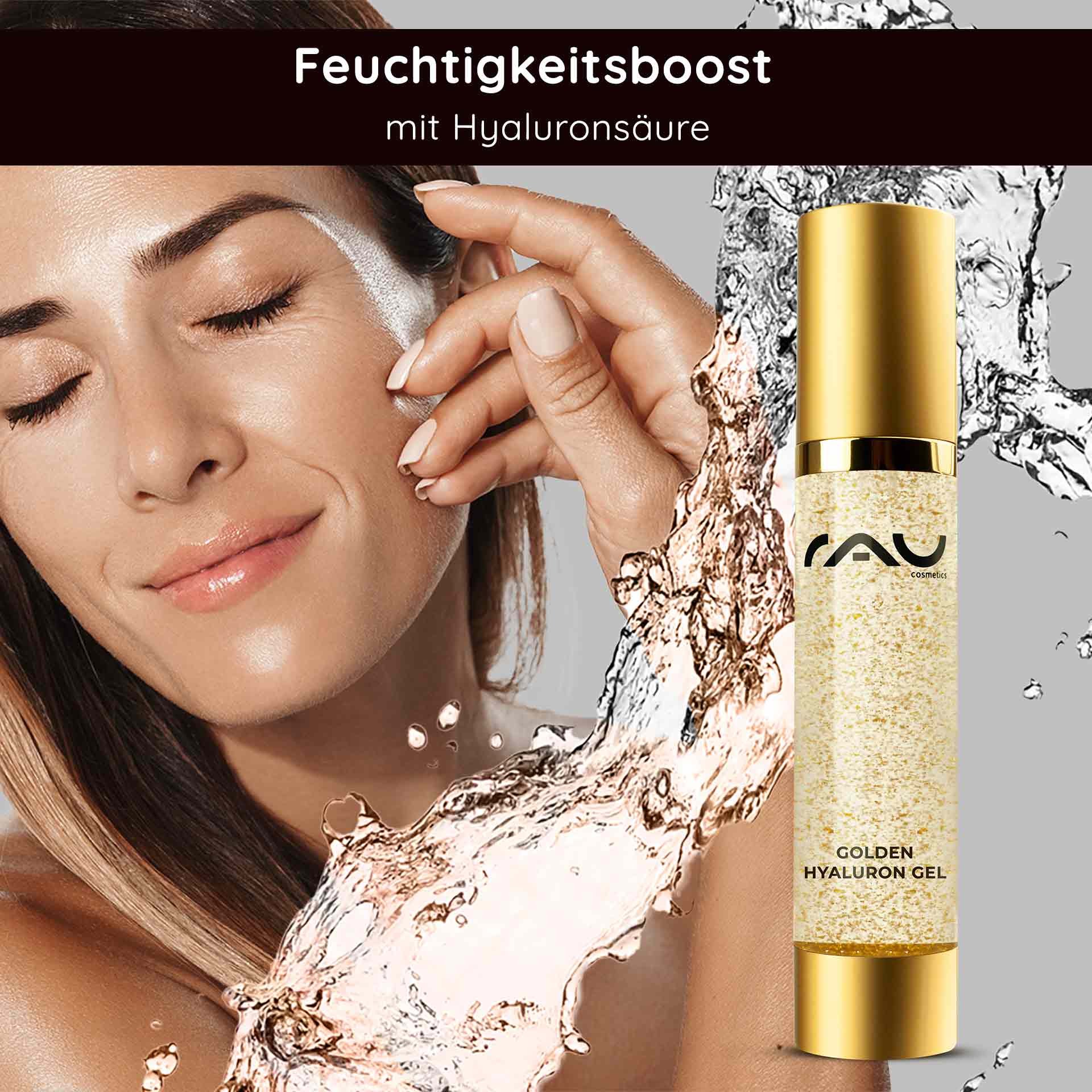 Frau mit strahlendem Teint und goldenem RAU Golden Hyaluron Gel, umgeben von Wassertröpfchen, verkörpert luxuriöse Hautpflege und Feuchtigkeitsboost mit Hyaluronsäure.