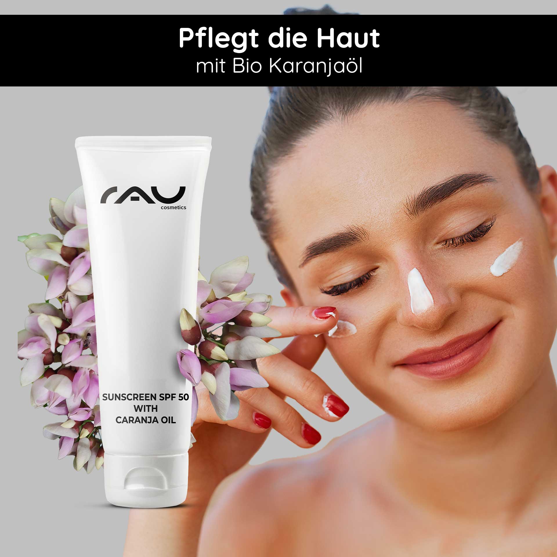 Sunscreen SPF 50 with Bio-Karanja Öl 75 ml - Sonnenschutz Sonnenschutz SPF 50 von RAU Cosmetics mit Bio Karanjaöl, Person trägt Creme auf das Gesicht auf, umgeben von Blüten.