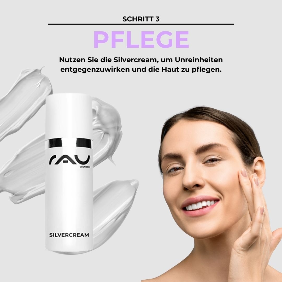 Frau mit gepflegtem Gesicht und RAU Silvercream, die Hautpflege für unreine Haut demonstrierend, mit Anwendungshinweisen.