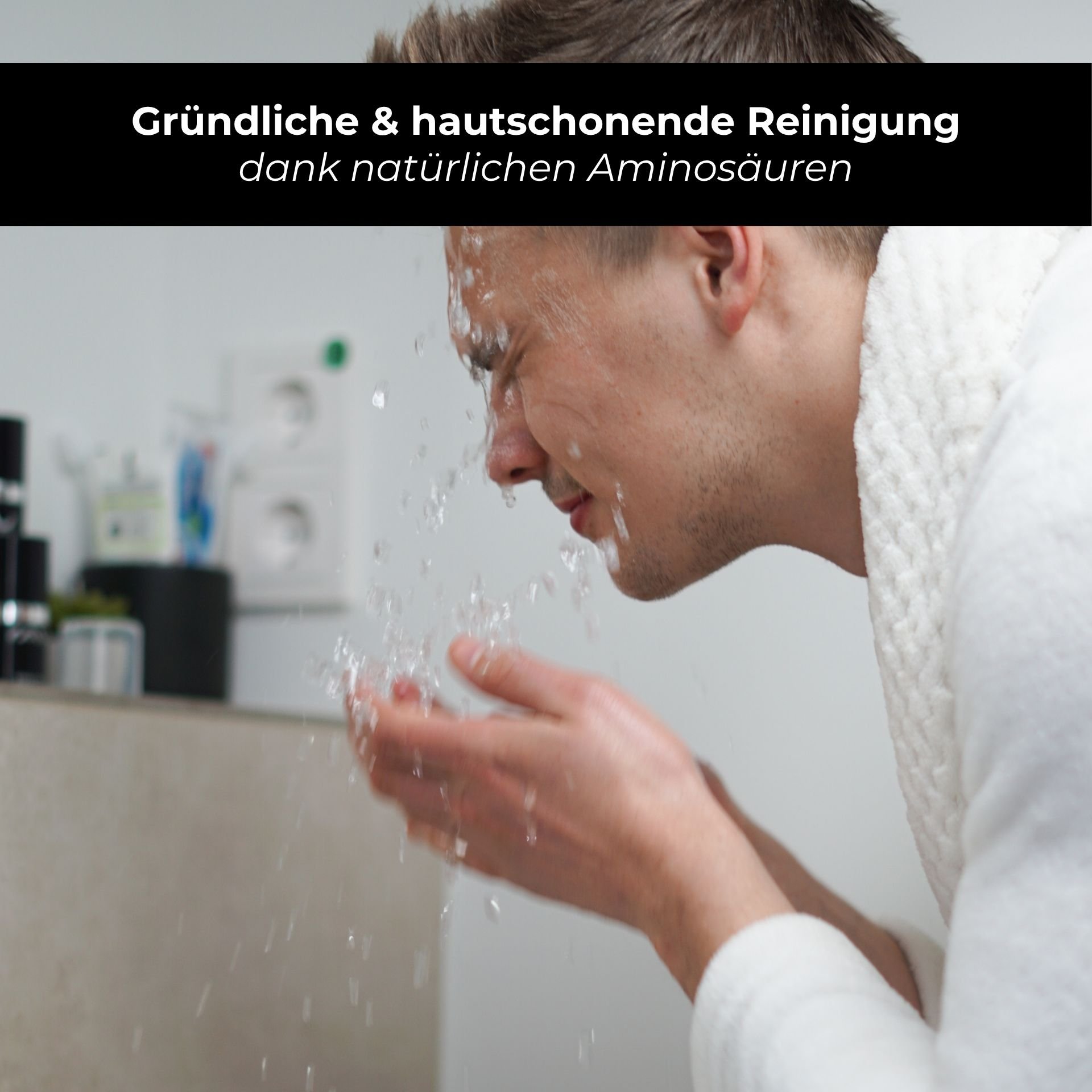 Anwendungsbild: Verwandlung des Gels in eine cremige Milch bei Kontakt mit Wasser.