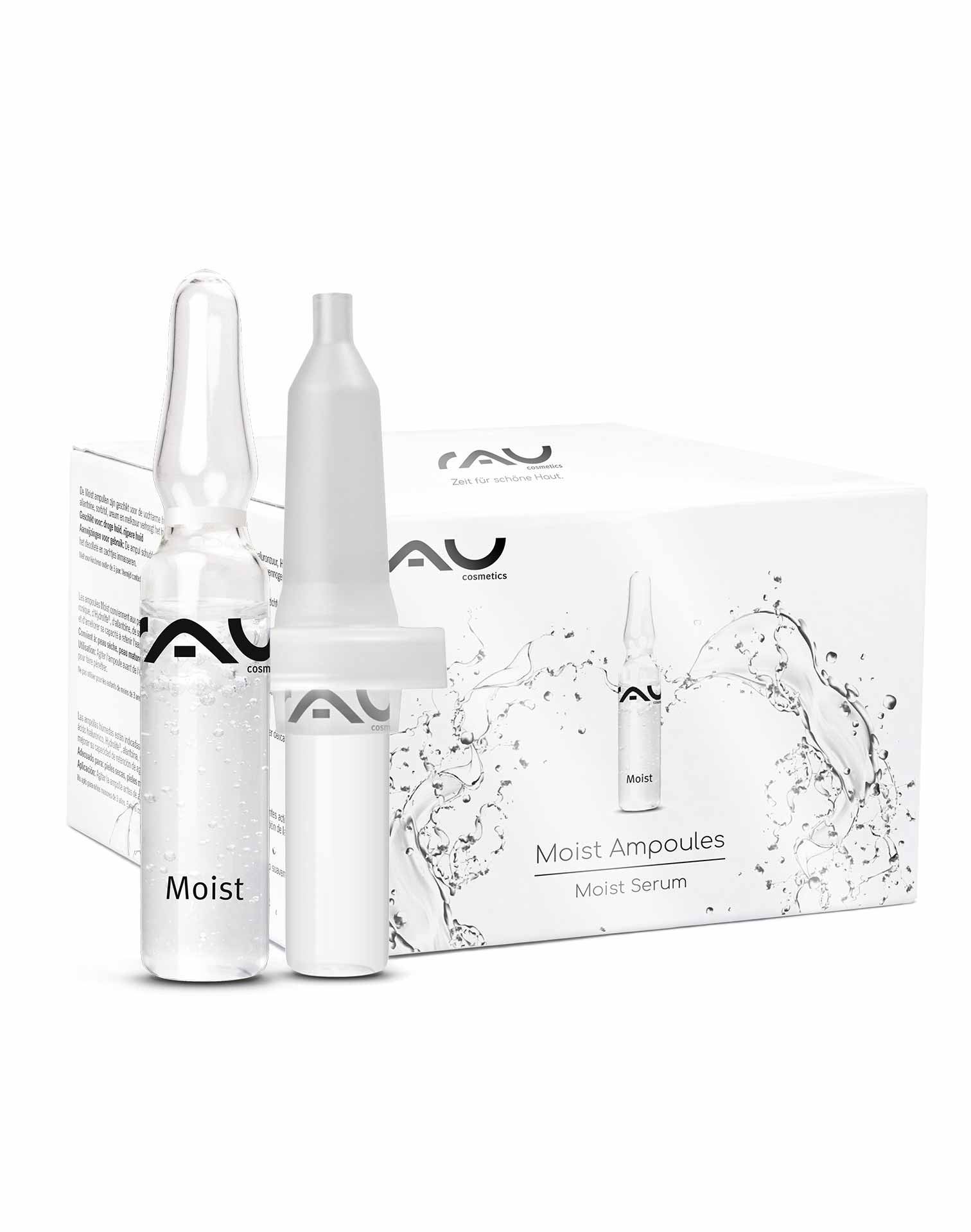 Moist ampoules 7x2 ml incl. applicator Hyaluron Booster RAU Cosmetics Moist Ampullen-Verpackung mit einer durchsichtigen Ampulle und einem Applikator, mit feuchtigkeitsspendendem Serum für trockene und reife Haut.