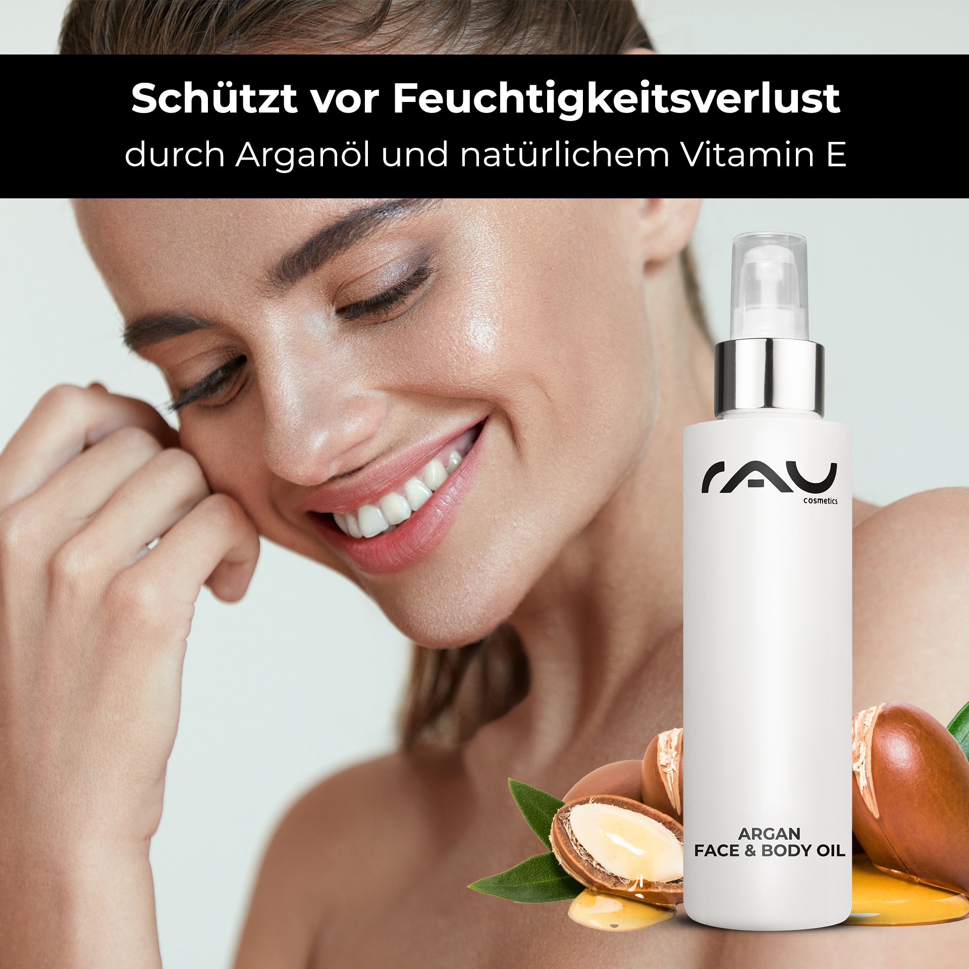 Nahaufnahme einer Frau mit strahlender Haut nach der Pflege mit RAU Argan Vitamin E Oel
