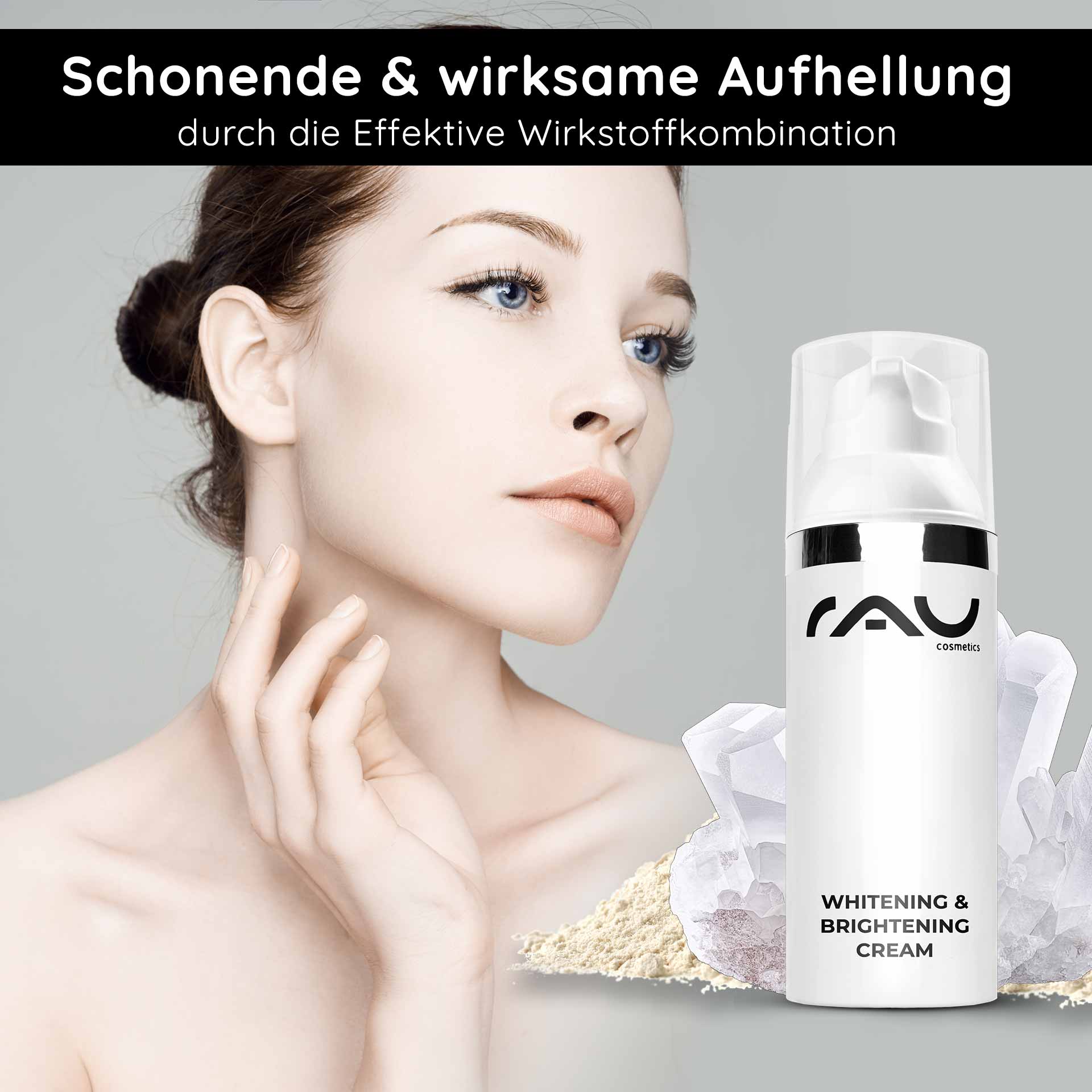 Whitening & Brightening Cream 50 ml Hautaufheller Frau mit glatter Haut und sanfter Berührung des Gesichts, präsentiert die RAU Cosmetics Whitening & Brightening Cream mit Inhaltsstoffen wie Niacinamid, auf hellem Hintergrund.