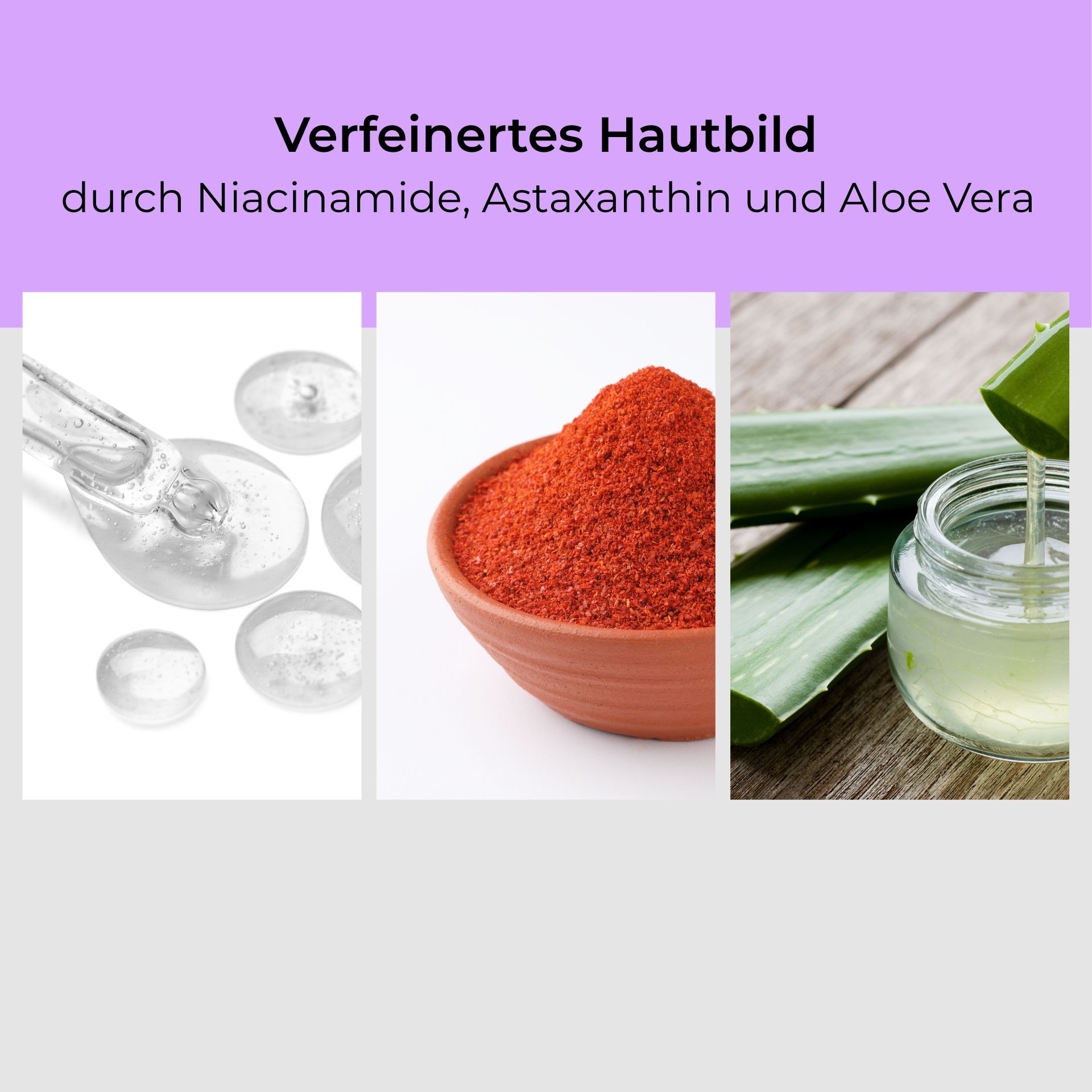 Niacinamide & Astaxanthin Serum Roll-On 10 ml Verfeinertes Hautbild durch Niacinamide, Astaxanthin und Aloe Vera, mit Pipette, rotem Pulver und Aloe Vera Gel in ansprechender Anordnung.
