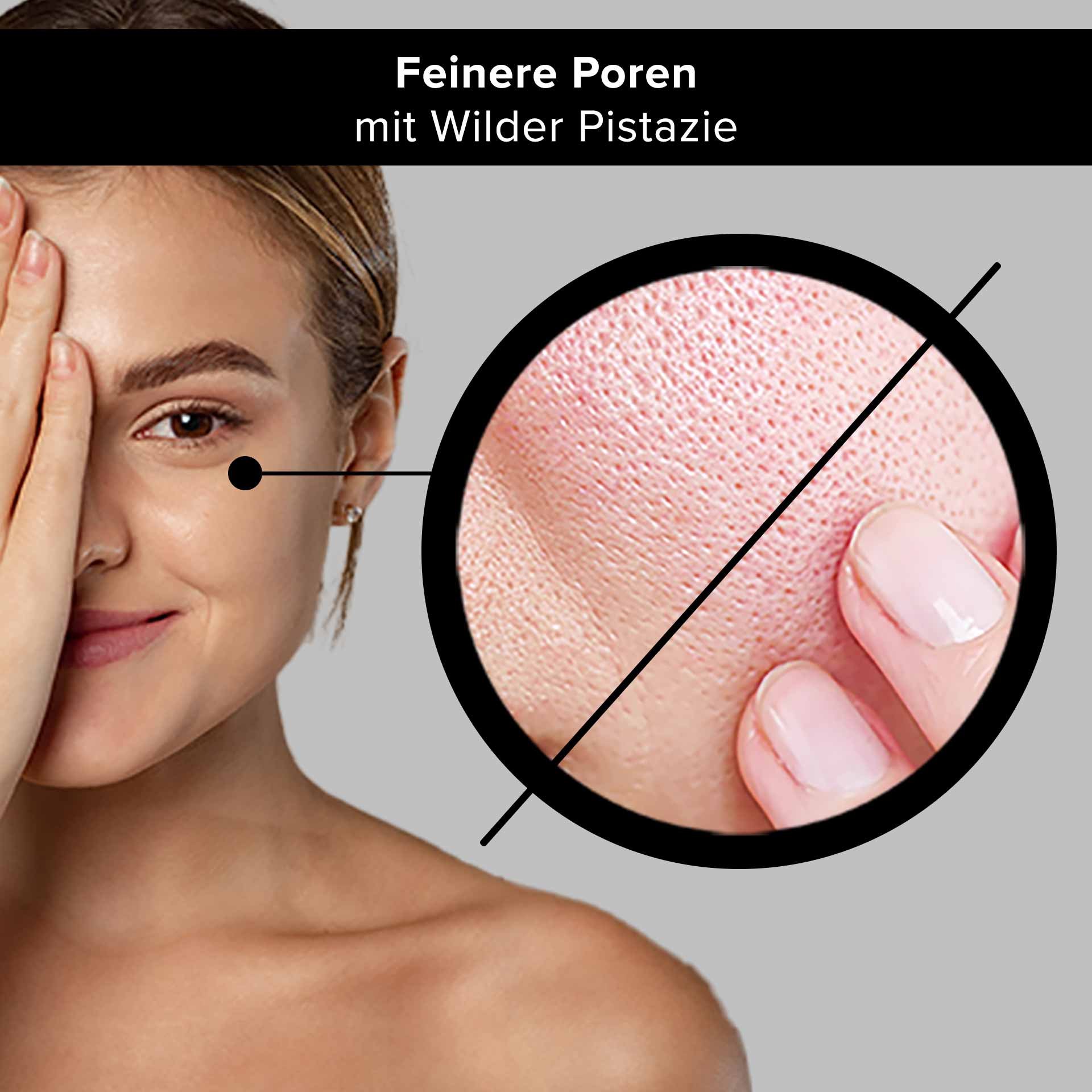 Woman with a smiling face showing a hand on her eye, next to a magnified skin image representing fine pores and the effect of wild pistachio for skin refinement.