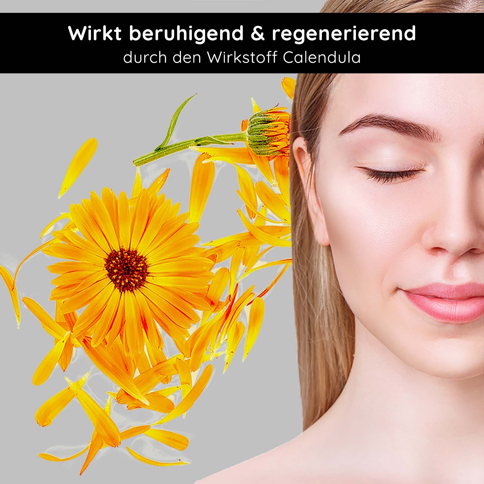 Anti Redness Couperose Serum 200 ml bei Rosacea Frau mit geschlossenen Augen und sanftem Gesichtsausdruck, umgeben von Calendula-Blüten, betont die beruhigenden und regenerierenden Eigenschaften des Inhaltsstoffs für empfindliche Haut.
