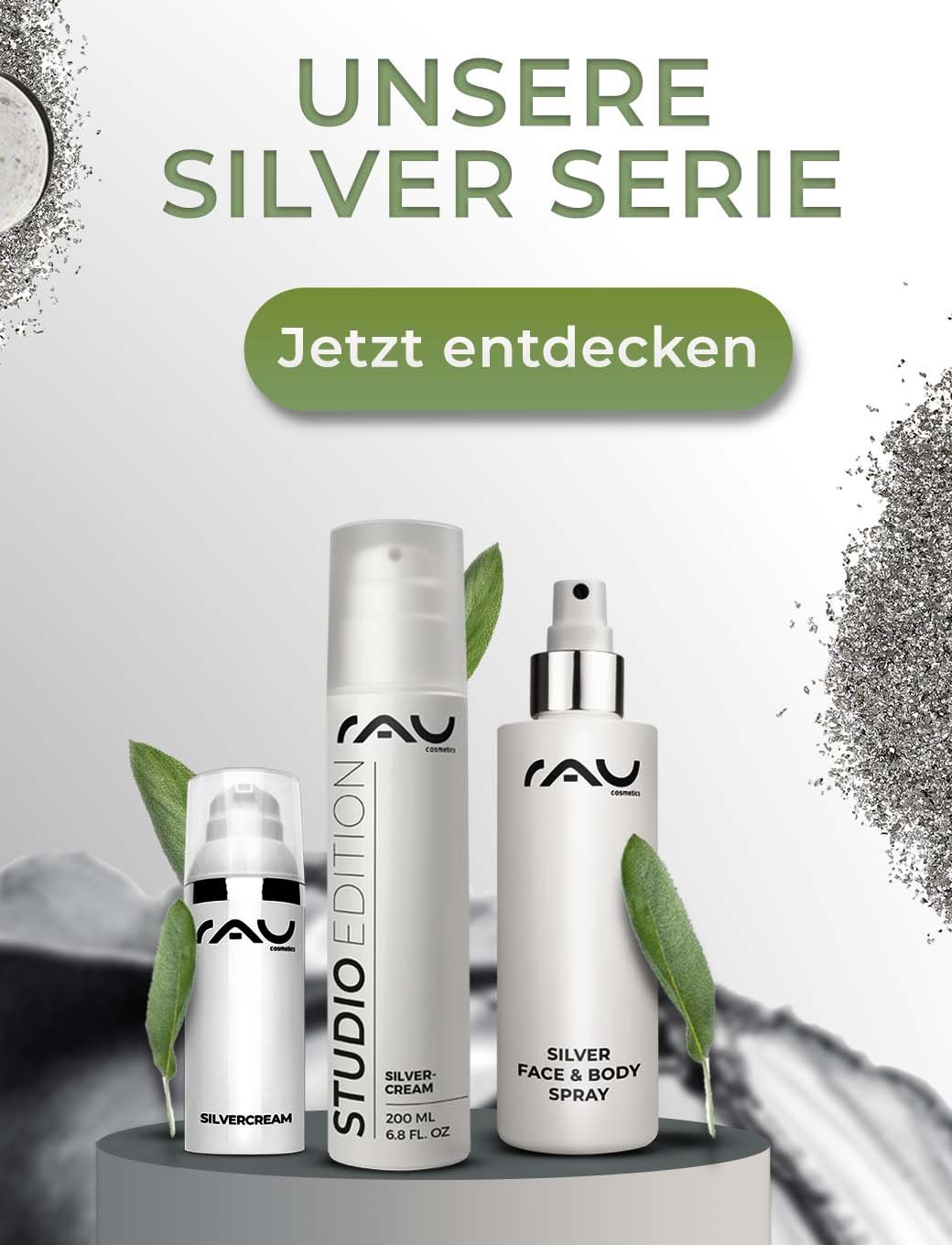 RAU Silver-Serie Skincare-Produkte in eleganter Verpackung mit Blättern, angepriesen als 'Jetzt entdecken'.