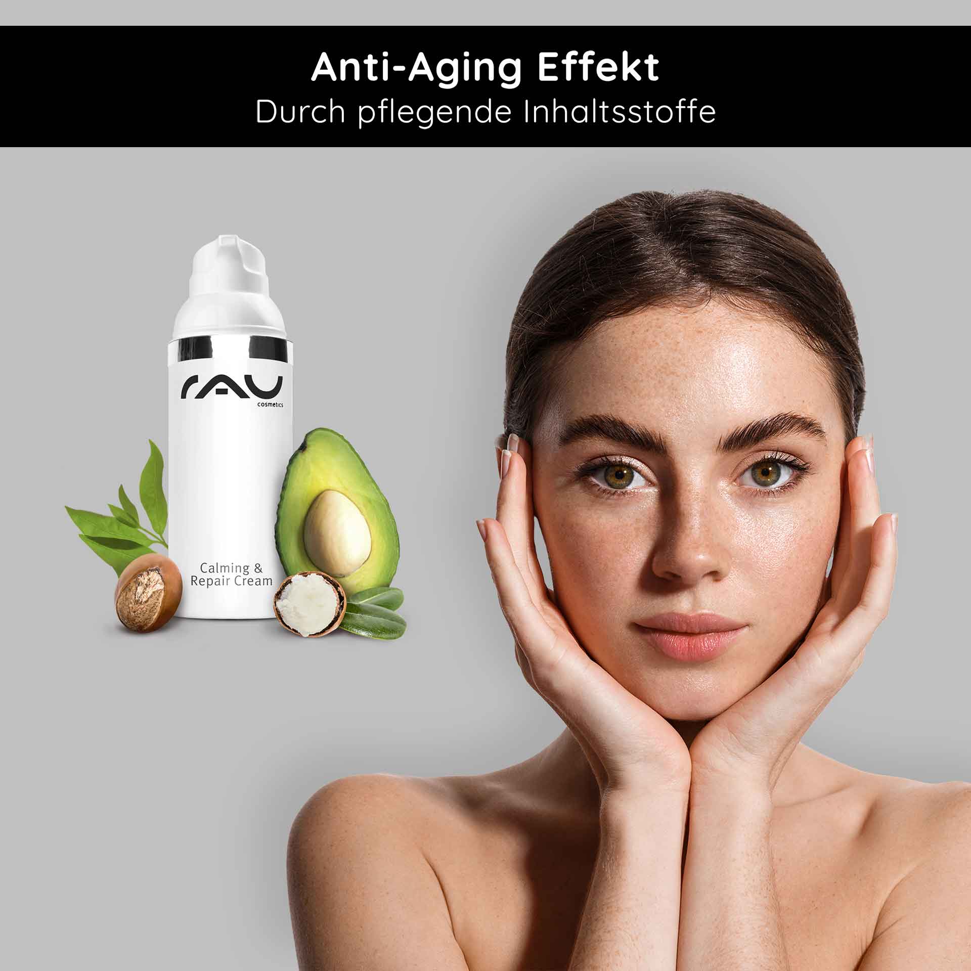 Calming & Repair Cream 50 ml Calming for the skin Frau mit beruhigter Haut und RAU Cosmetics Calming & Repair Cream, umgeben von Avocado und anderen pflegenden Inhaltsstoffen, betont Anti-Aging-Effekte.