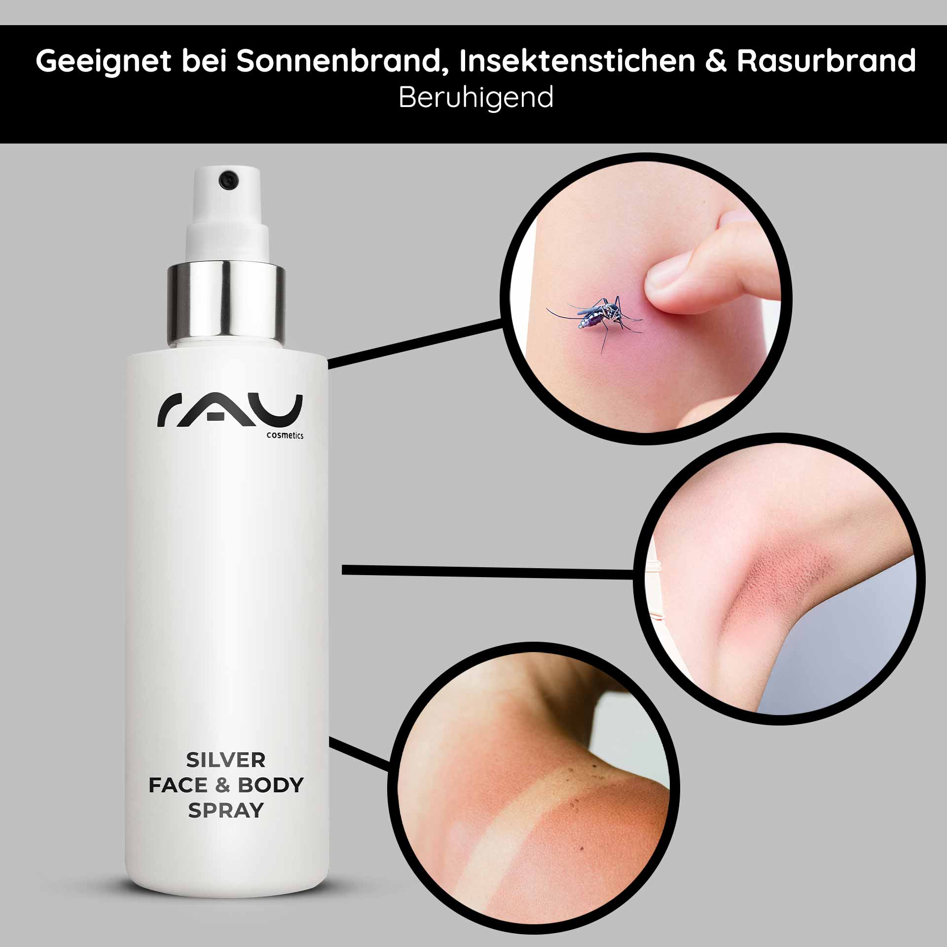 Silver Face & Body Spray 200 ml mit Panthenol & Microsilber Silver Face & Body Spray von RAU Cosmetics, geeignet zur Linderung von Sonnenbrand, Insektenstichen und Rasurbrand, mit sichtbaren Beispielen für Hautirritationen und einem eleganten Sprühflaschendesign.