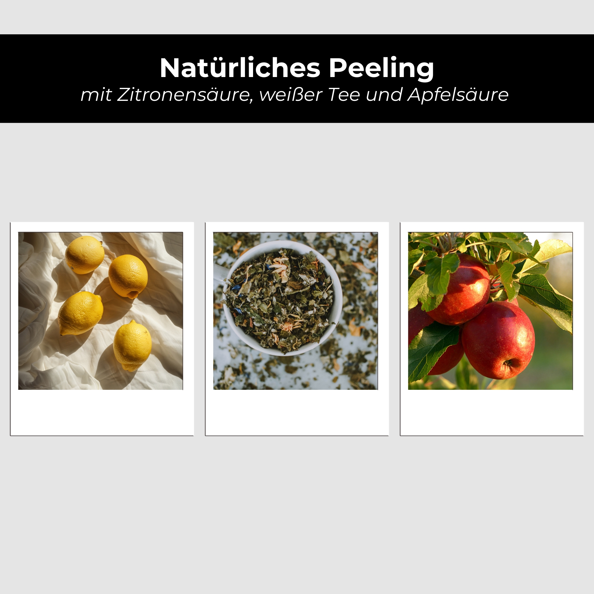 RAU AHA Tonic 50 ml - Refreshing tonic with mild fruit acids. Natürliche Peeling-Zutaten: frische Zitronen, Kräutermischung in Schüssel, rote Äpfel am Baum.