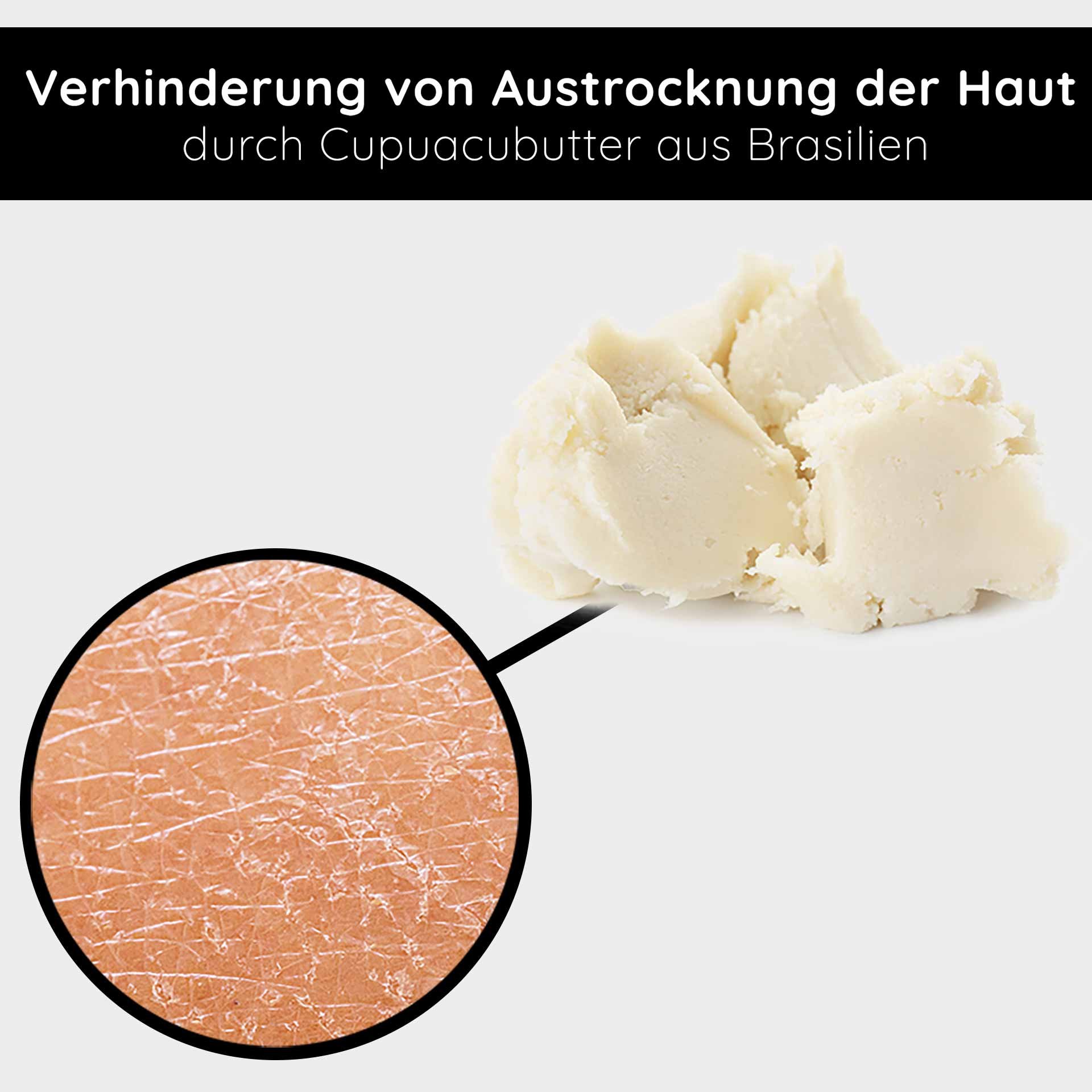 Cupuacu-Butter aus Brasilien beugt trockener Haut vor, mit Nahaufnahme der trockenen Hautstruktur.