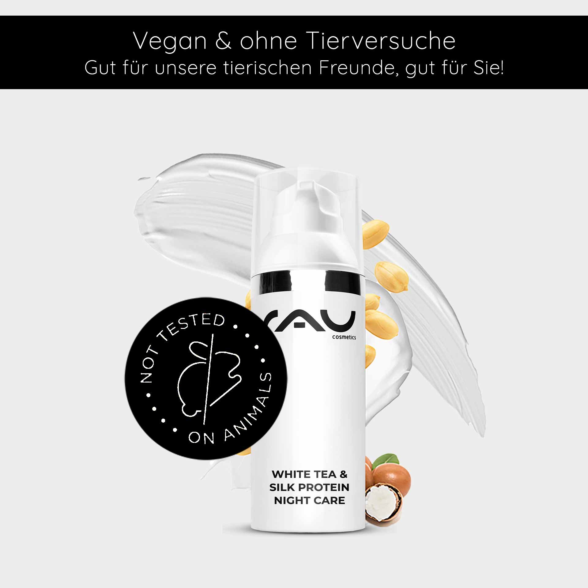 RAU Cosmetics White Tea & Silk Protein Nachtpflegecreme in einer eleganten Flasche mit dem Logo „Nicht an Tieren getestet“ und einem Hintergrund aus cremiger Textur und Nüssen, der die vegane Hautpflege für die Feuchtigkeitsversorgung und Regeneration im 