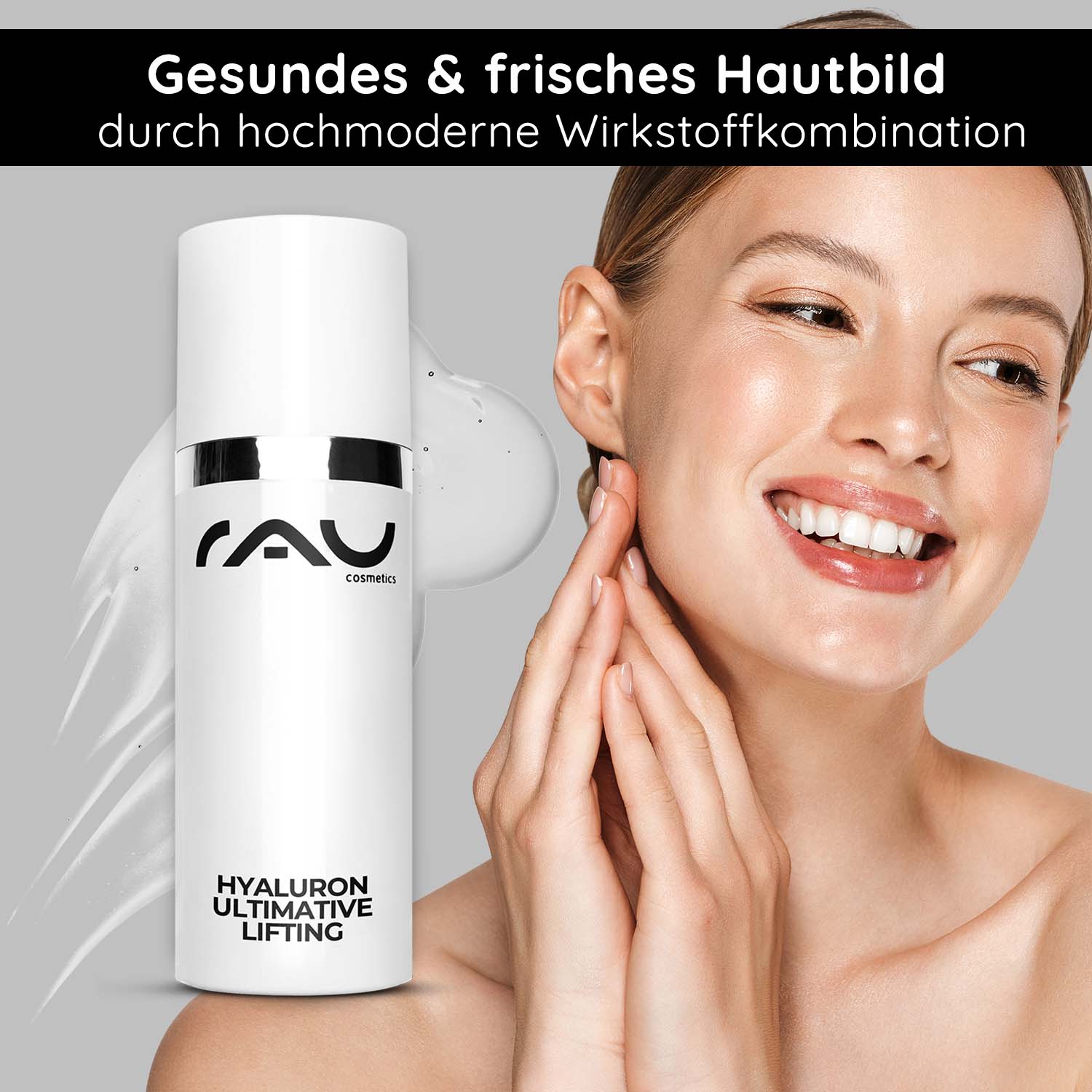 Hyaluron Ultimative Lifting 50 ml Hyaluron Lifting Gel für trockene Haut Hyaluron Ultimative Lifting Gel von RAU Cosmetics, zeigt eine lächelnde Frau bei der Hautpflege und fördert durch eine fortschrittliche Kombination von Inhaltsstoffen eine gesunde und frische Haut.