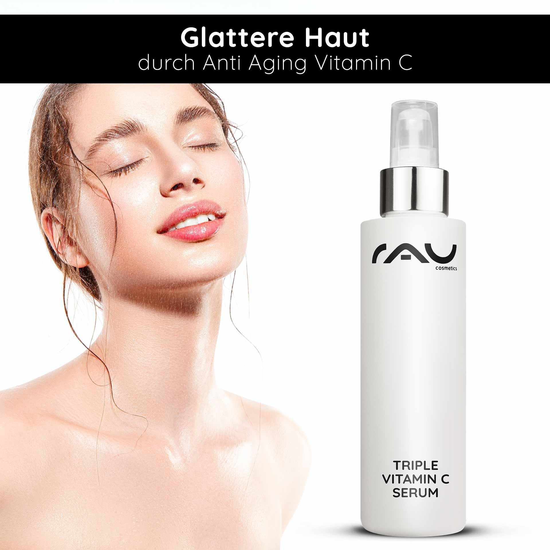 Frau mit strahlender Haut und RAU Triple Vitamin C Serum, Anti-Aging-Wirkung, feuchtigkeitsspendend, kosmetisches Produkt.