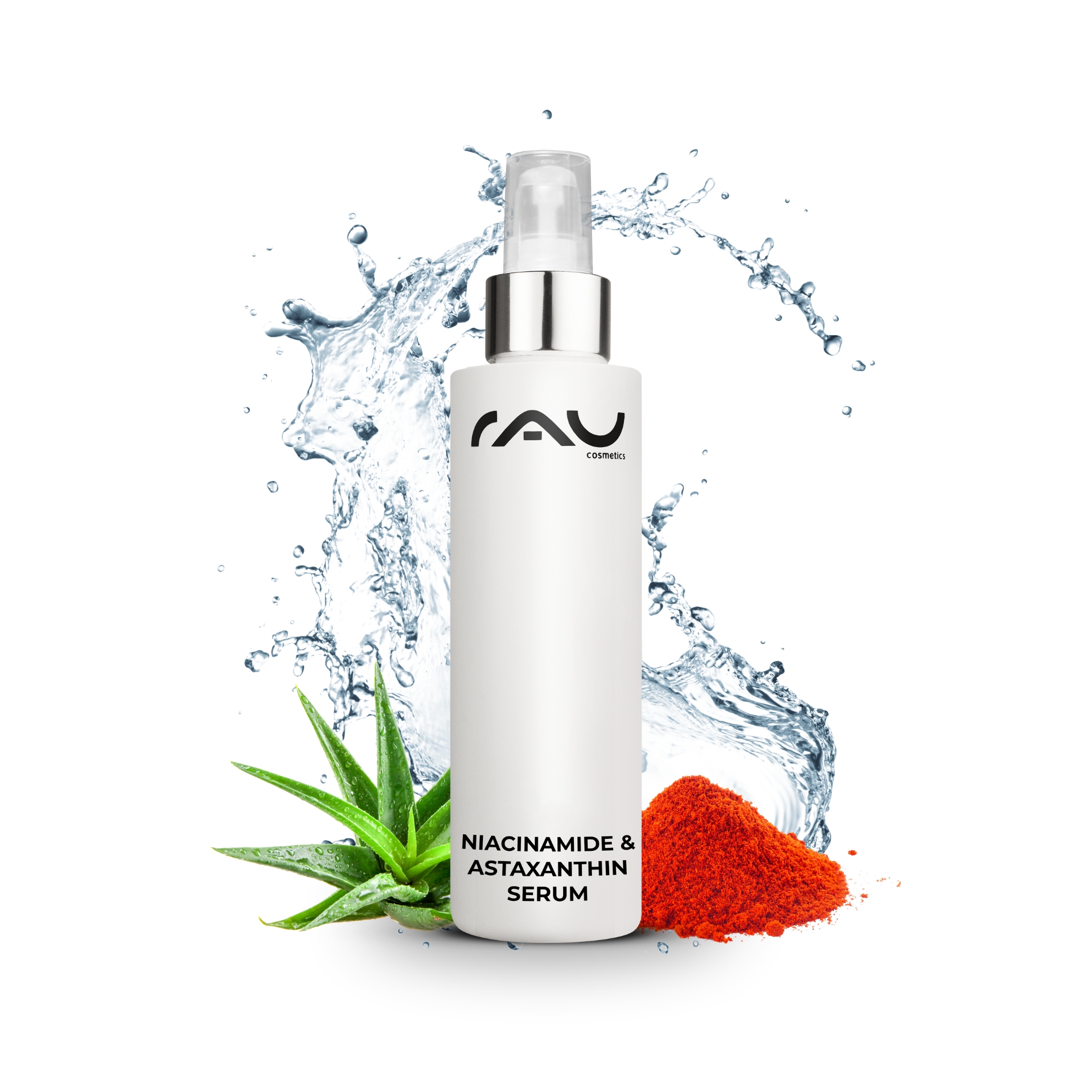 Niacinamide & Astaxanthin Serum 100 ml mit 10% Niacinamid & 1% Zink PCA Flasche Niacinamid- und Astaxanthin-Serum mit Aloe Vera und Astaxanthin-Pulver, umgeben von Wasserspritzern, die die feuchtigkeitsspendenden und hautverbessernden Vorteile hervorheben.