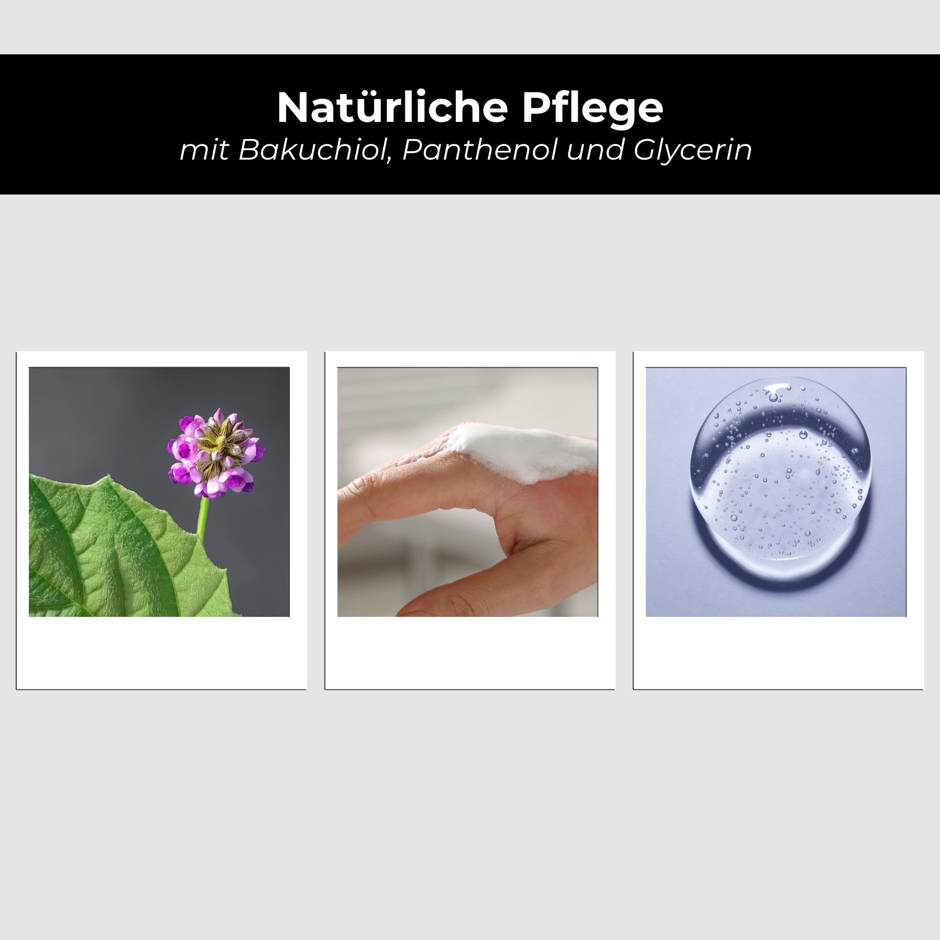 Frau präsentiert die straffende Wirkung des Bakuchiol-Fluids am Dekolleté.
