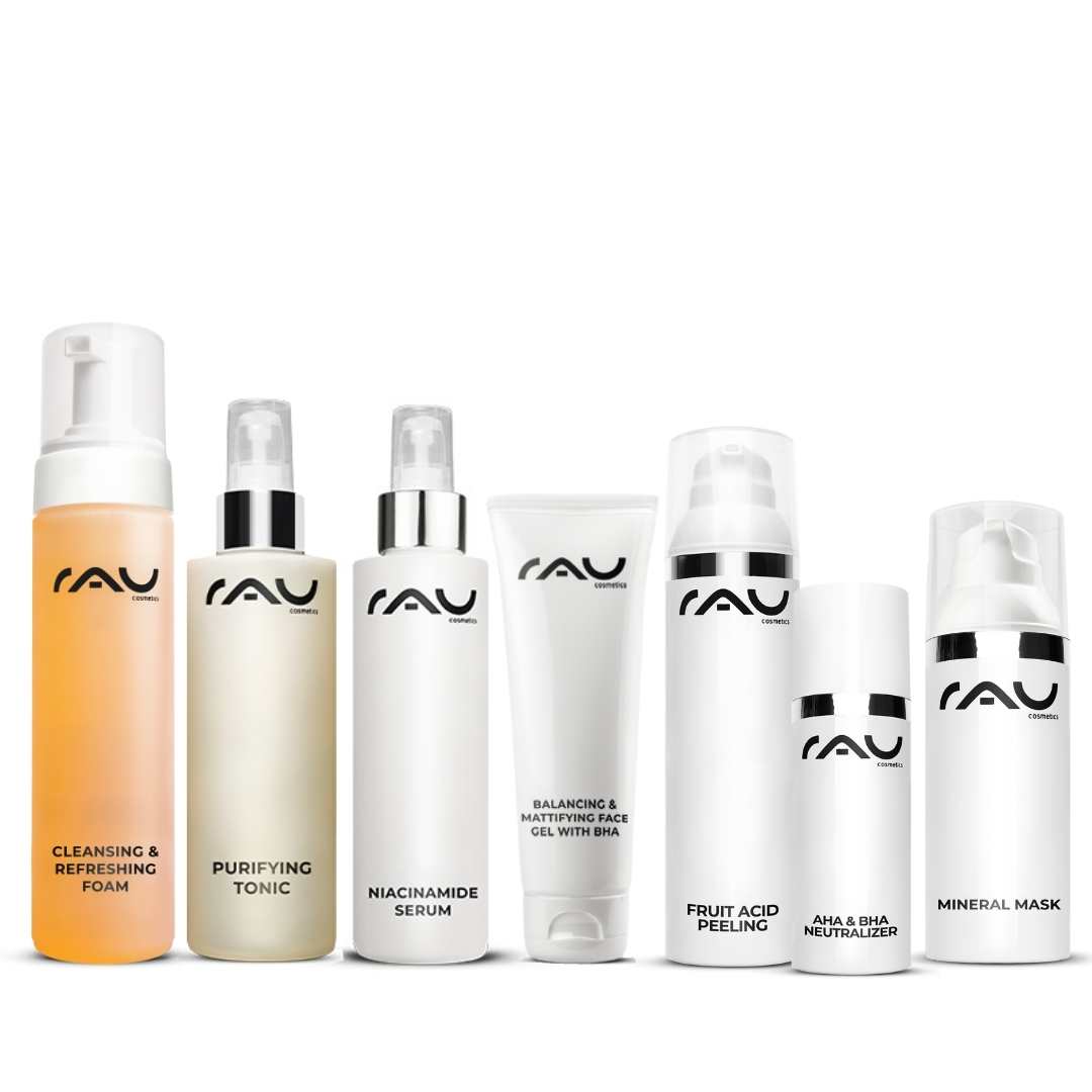 Profi Pflegeroutine bei fettiger Haut Profi Pflegeroutine für fettige Haut von RAU Cosmetics, bestehend aus Reinigungsschaum, Spezialtonic, Niacinamid-Serum, mattierendem Gel, Fruchtsäure-Peeling, AHA- und BHA-Neutralisierer sowie Mineralmaske.