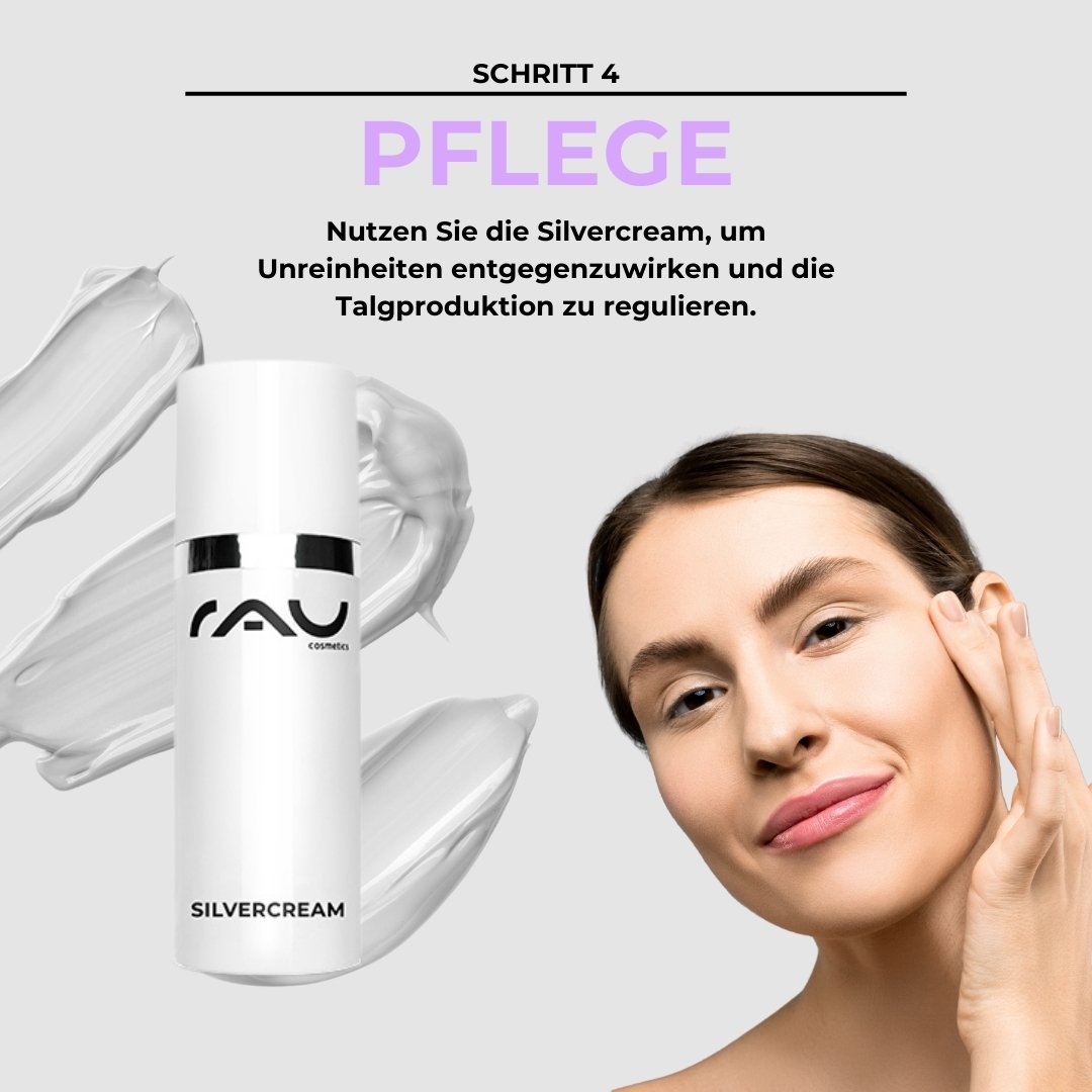 RAU Cosmetics Silvercream für fettige und unreine Haut, Schritt 4 der erweiterten Hautpflegeroutine, Modell trägt Creme auf, Hintergrund mit glatter Textur.