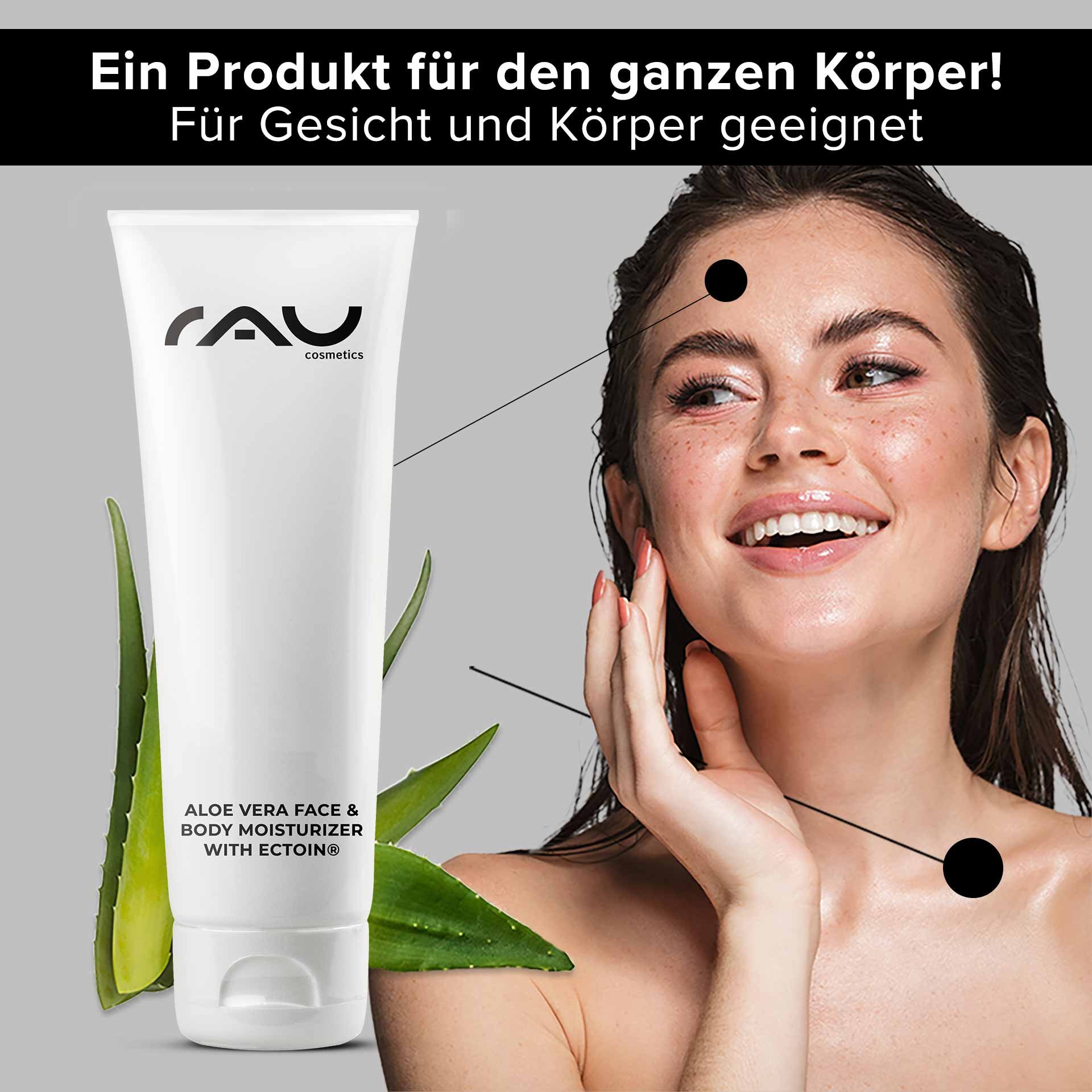 Aloe Vera-Feuchtigkeitscreme für Gesicht und Körper mit Ectoin®-Tube neben einer lächelnden Frau, die Feuchtigkeitscreme auf ihr Gesicht aufträgt und die Vorteile der Feuchtigkeitsversorgung für alle Hauttypen hervorhebt.