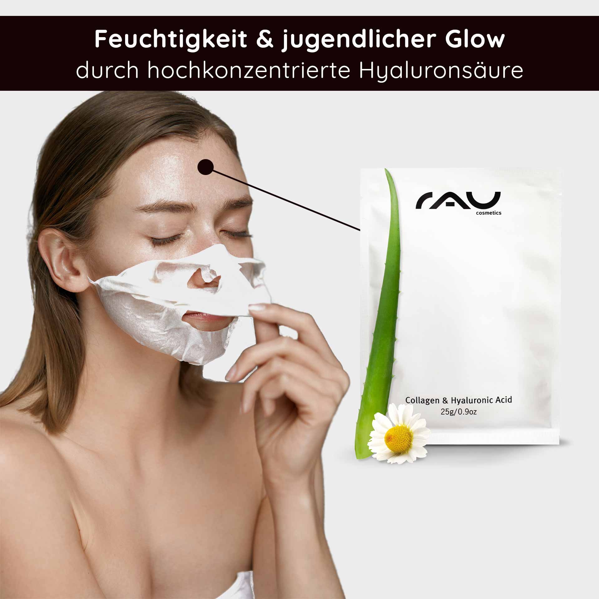 Bildtext: Feuchtigkeit & jugendlicher Glow durch hochkonzentrierte Hyaluronsäure. Frau löst die aufgelegte Tuchmaske vom Gesicht, rechts daneben der Produktbeutel mit RAU-Cosmetics-Logo und einem Aloe-Vera-Blatt.