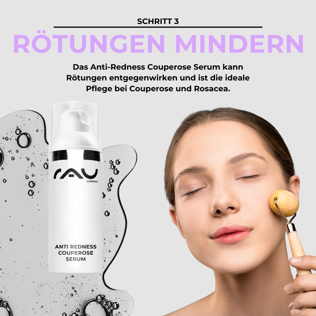 Anti-Redness Couperose Serum von RAU Cosmetics, Frau verwendet Gesichtsroller, Fokus auf Hautpflege bei Couperose und Rosazea, Schritt 3 der professionellen Hautpflegeroutine.