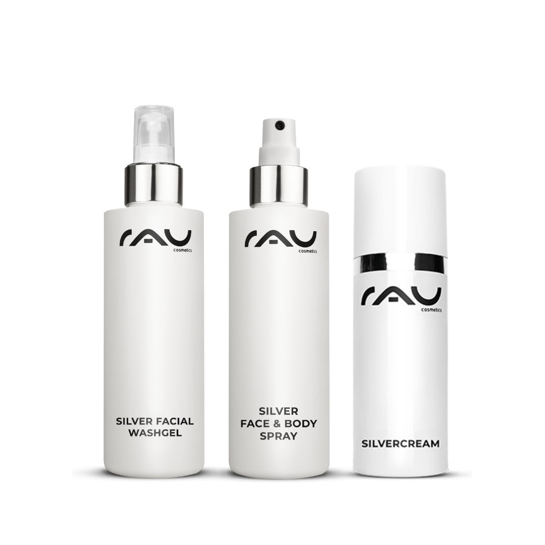 RAU Cosmetics Hautpflegeset mit Silver Facial Washgel, Silver Face & Body Spray und Silvercream, entwickelt für eine effektive Hautreinigung und Feuchtigkeitsversorgung.