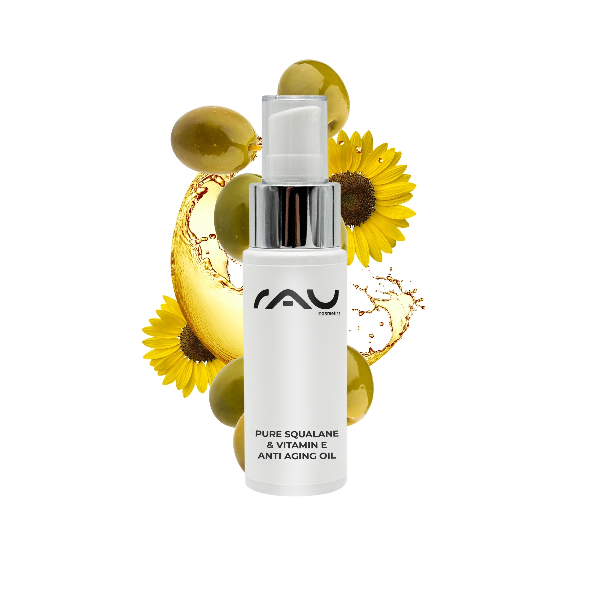 Pure Squalane & Vitamin E Anti Aging Oil 50 ml - Anti-Aging & Moisturizing Flasche mit RAU Pure Squalane & Vitamin E Anti-Aging Γl vor einem Hintergrund aus Sonnenblumen und Oliven, betont die feuchtigkeitsspendenden und antioxidativen Eigenschaften des Produkts fΓΌr trockene und reife Haut.