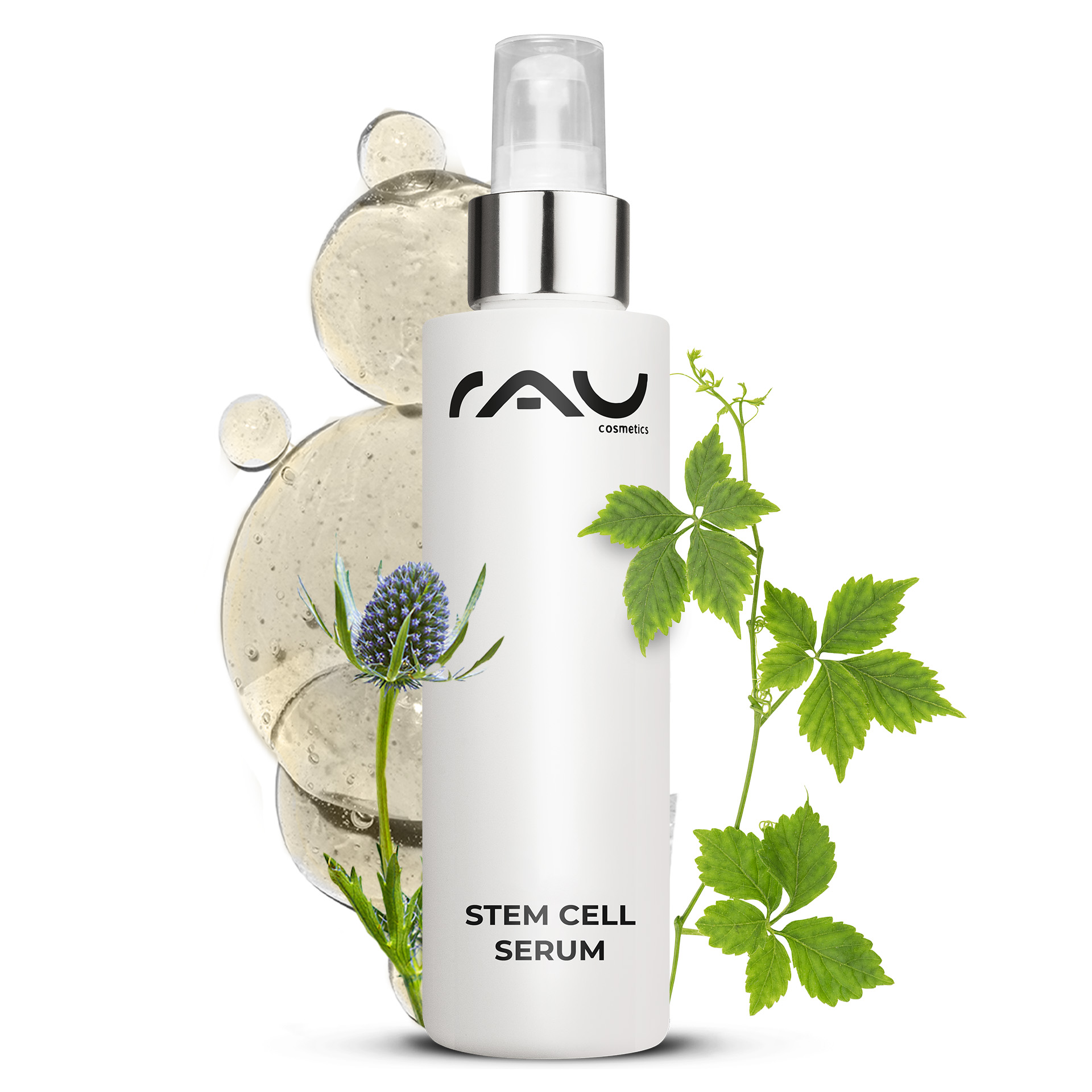 Stem Cell Serum 100 ml Anti-Aging Stammzellen Serum für reife & trockene Haut Kräuterig, Kräuter, Pflanze, Flasche, Lotion