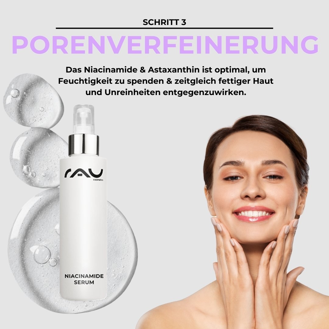 Niacinamid-Serum von RAU Cosmetics, das eine lächelnde Frau auf ihr Gesicht aufträgt. Es fördert die Porenverfeinerung und Feuchtigkeitsversorgung von Mischhauttypen.
