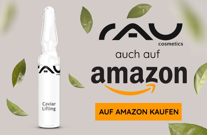 RAU Cosmetics Caviar Lifting Ampoule in Glasverpackung mit grünen Blattmotiven und „AUF AMAZON KAUFEN“-Schriftzug.
