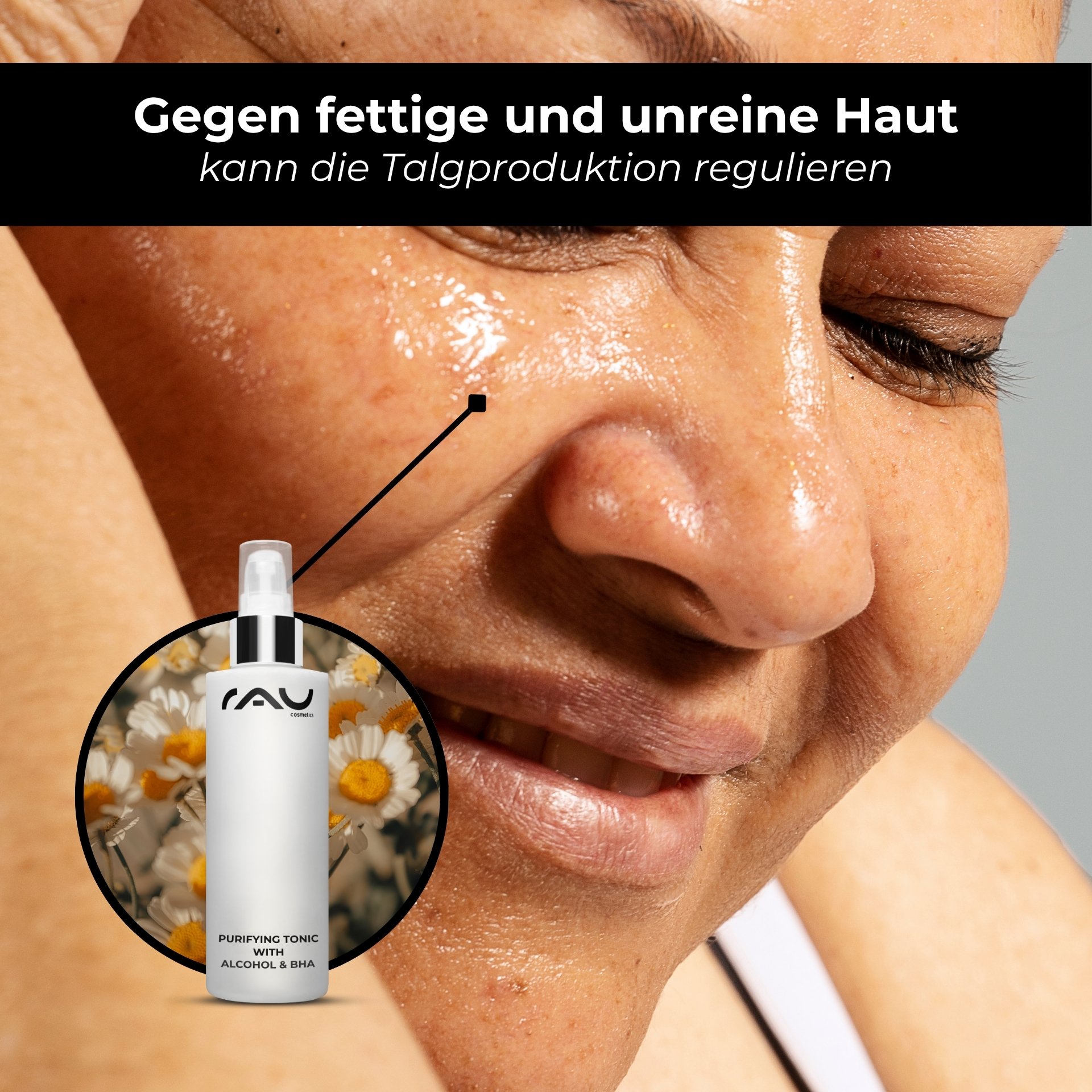 Zufriedene Frau mit ebenmäßigem Teint dank der klärenden Wirkung des Purifying Tonics.