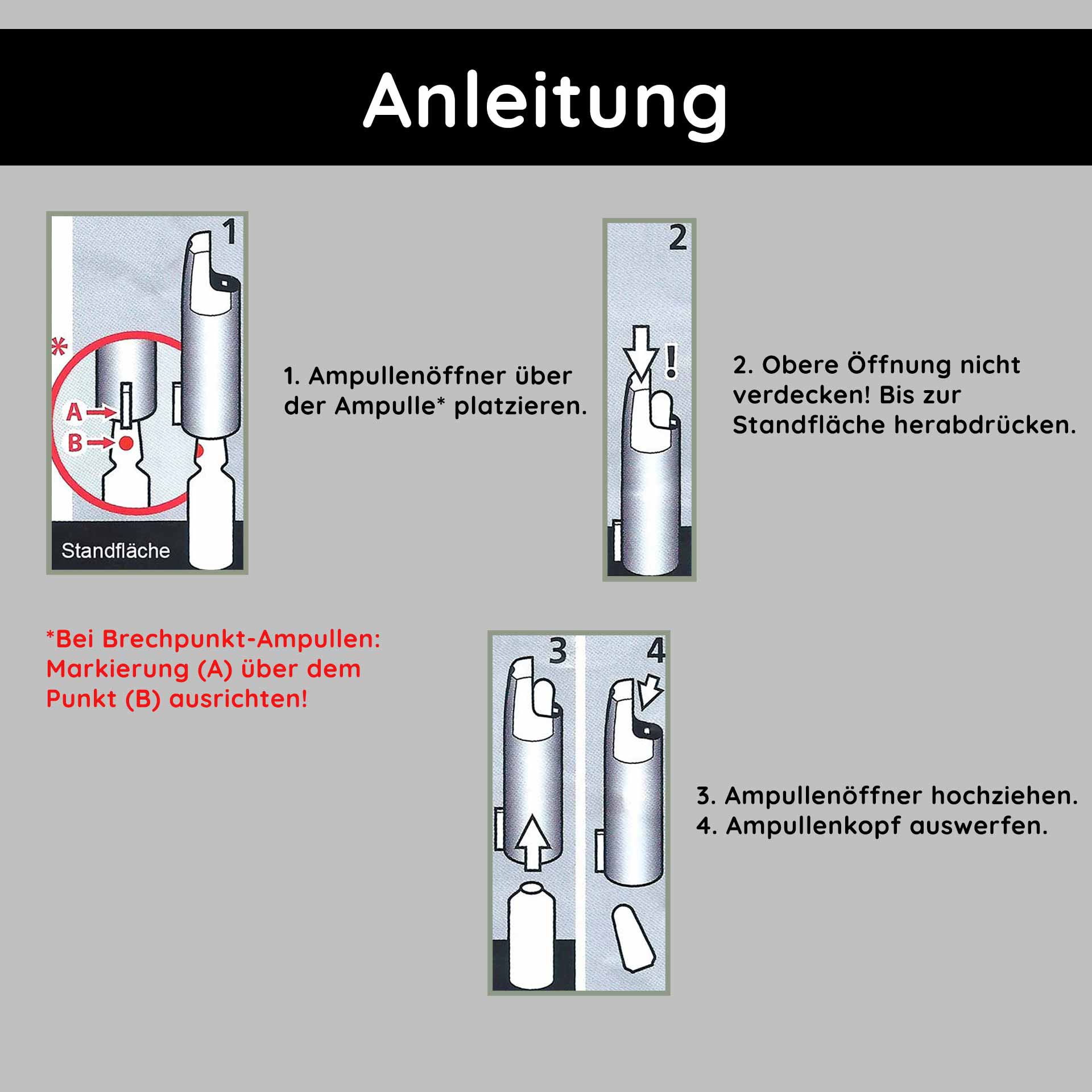 Ampullenöffner für 2 ml Brechampullen Ampullenöffner für 2 ml Glasampullen, Anleitung zur sicheren Anwendung, robuster Kunststoff, einfache Handhabung, minimiertes Verletzungsrisiko, Schritt-für-Schritt-Anleitung zur Öffnung von Ampullen.