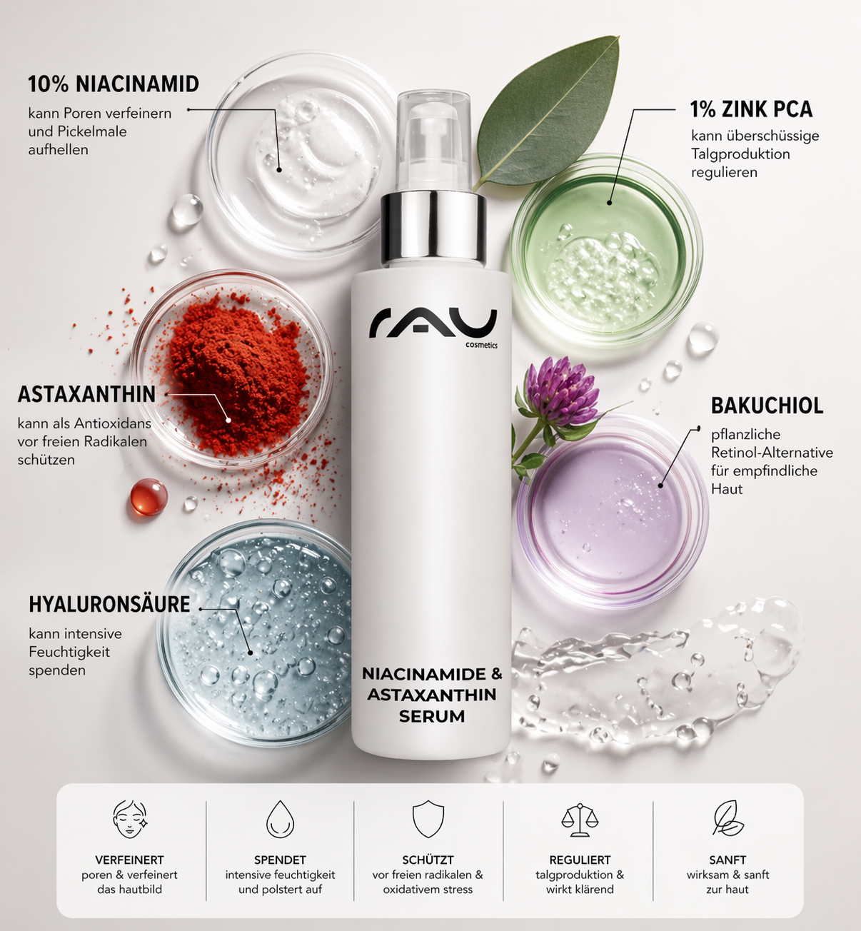 Niacinamide & Astaxanthin Serum — 100 ml Flasche mit Pipette für präzise Dosierung.