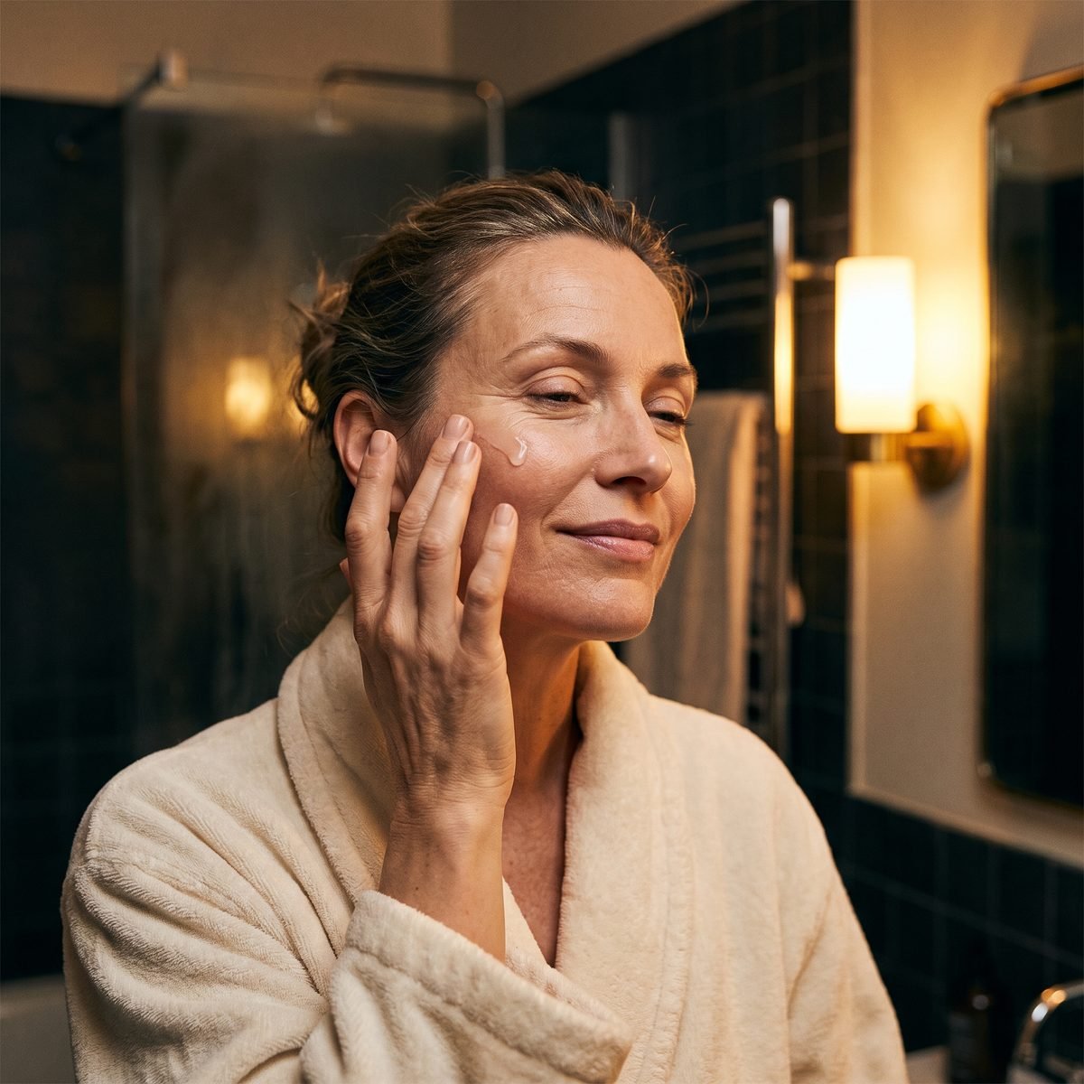 Frau Mitte 40 trägt abends im Badezimmer Serum mit der Fingerspitze auf die Wange auf
